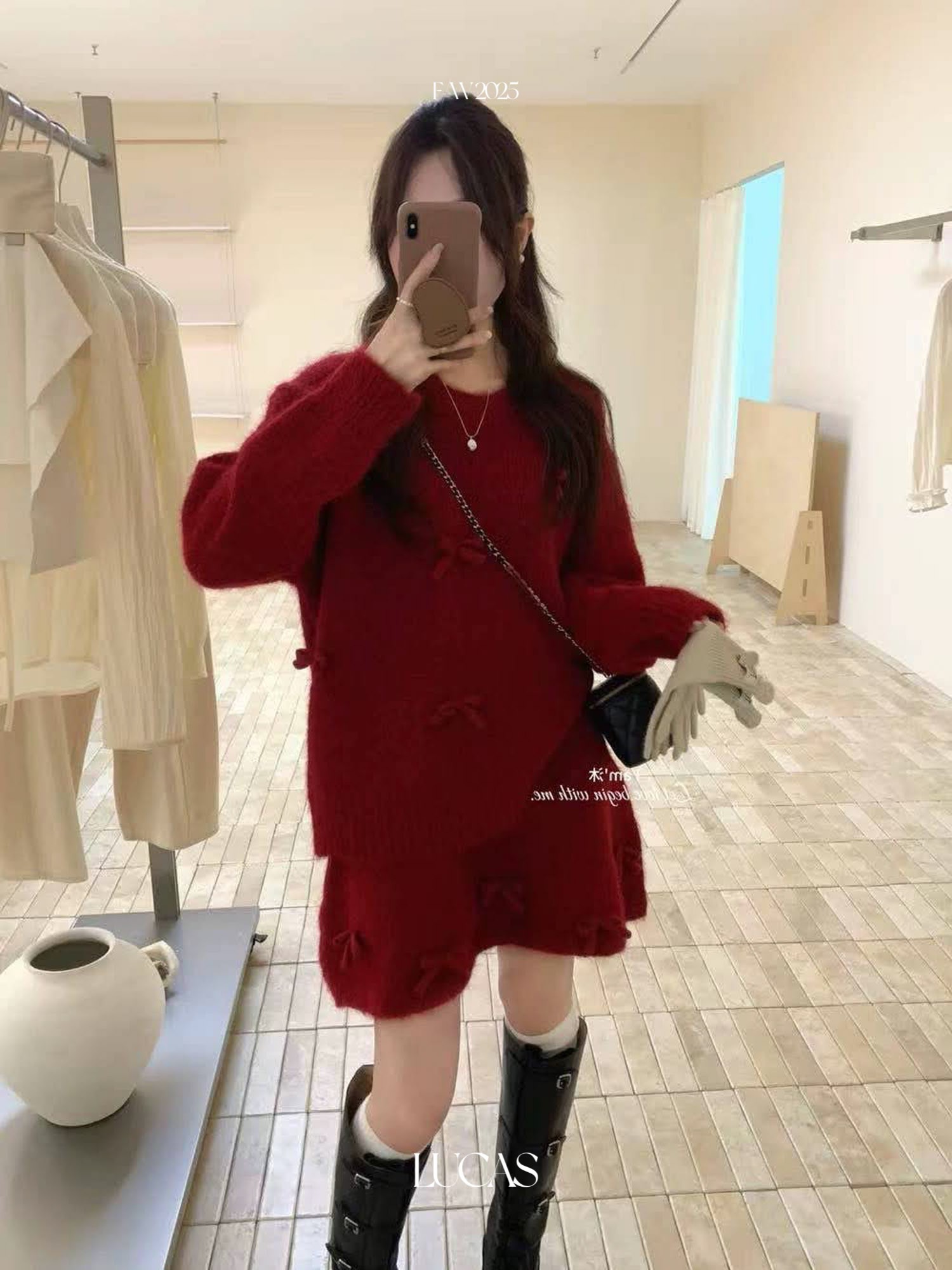 Lucas - Set áo len cổ tròn đính nơ + chân váy xòe mini đính nơ