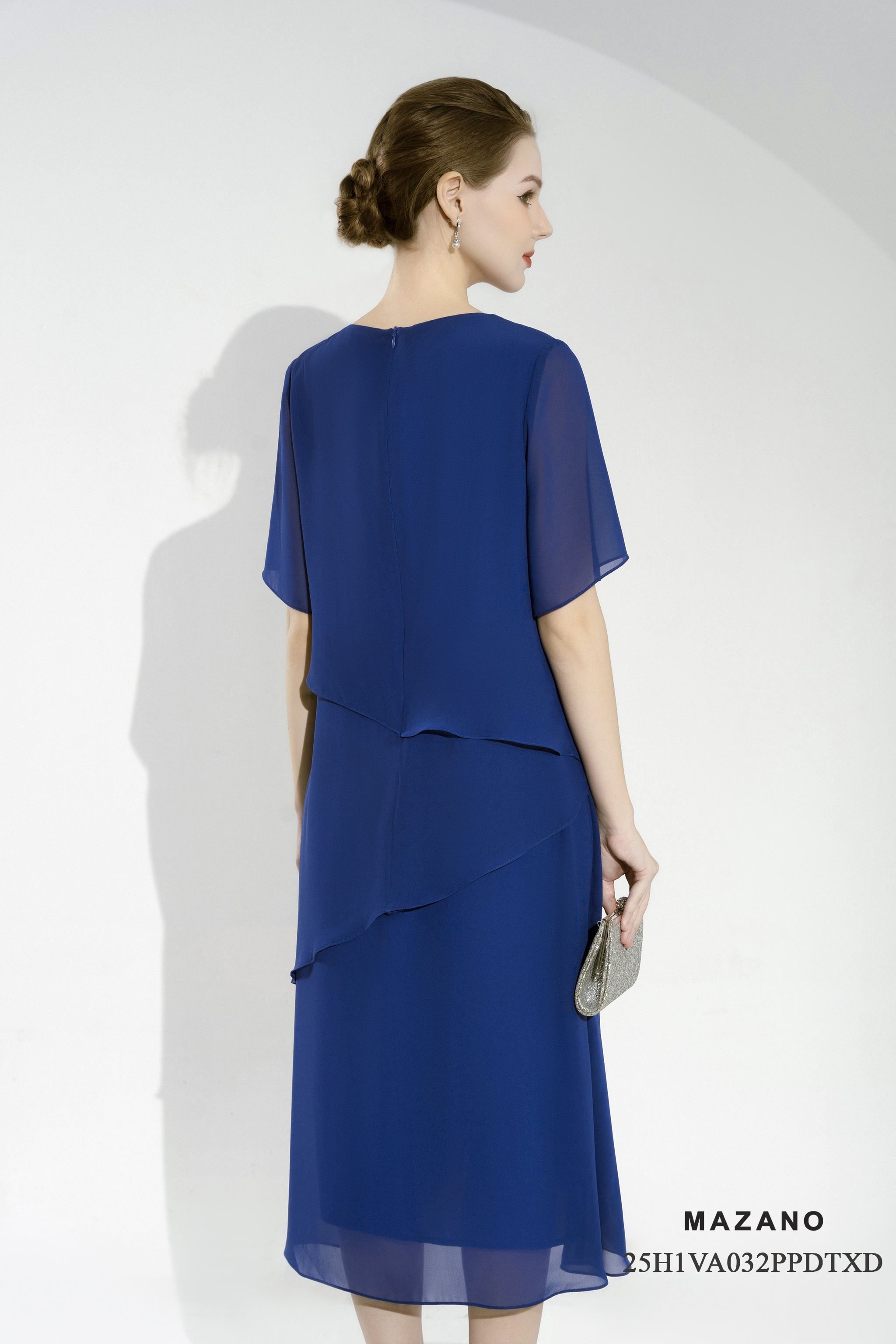 Váy Đầm suông A layer Vải voan mỏng Đính trang trí Cổ tròn Tay ngắn Dài váy đến bắp chân_thumbnail_5