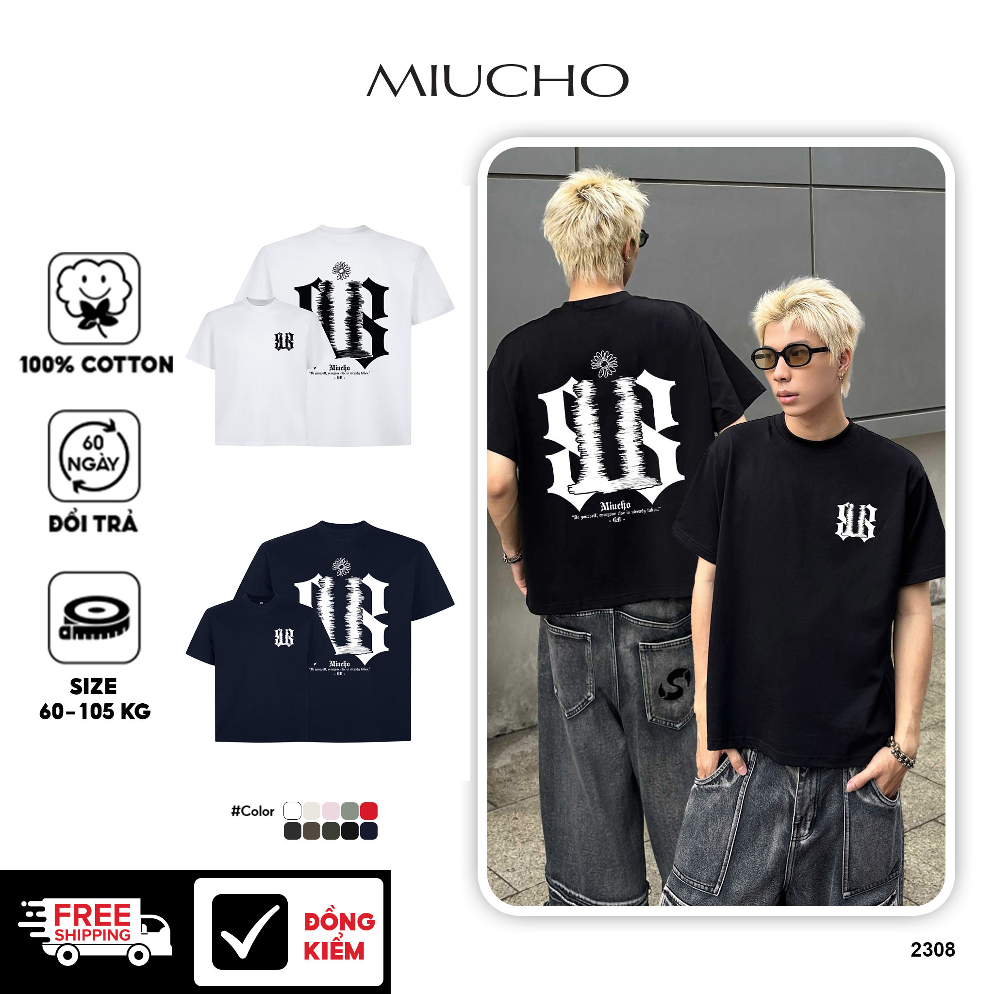 Áo phông boxy 2308 Miucho Club chất vải cotton 2 chiều cao cấp basic unisex in mix_thumbnail_1