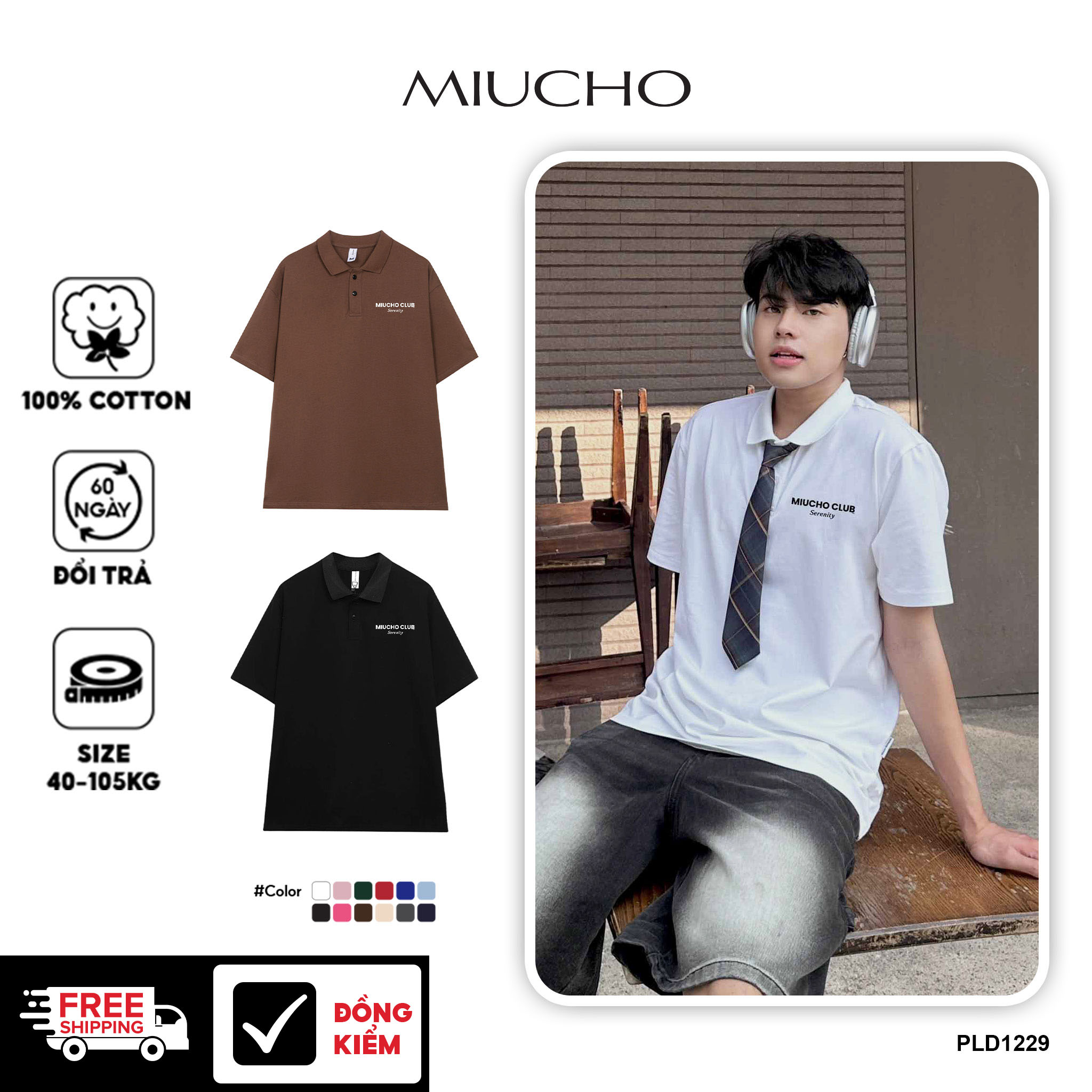 Áo polo form rộng nam basic nhiều màu PLD1229 Miucho Miucho Man tay ngắn cổ trụ in basic_thumbnail_1