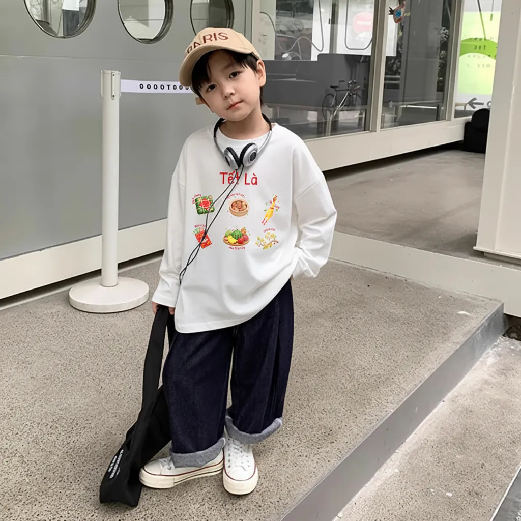 Áo thun kid tay dài form rộng Kado vải cotton thoáng mát mềm mại Tết đến bé vui in mix 2921_thumbnail_4