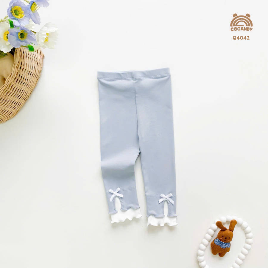 Quần dài legging XANH phối TRẮNG gấu sóng nơ