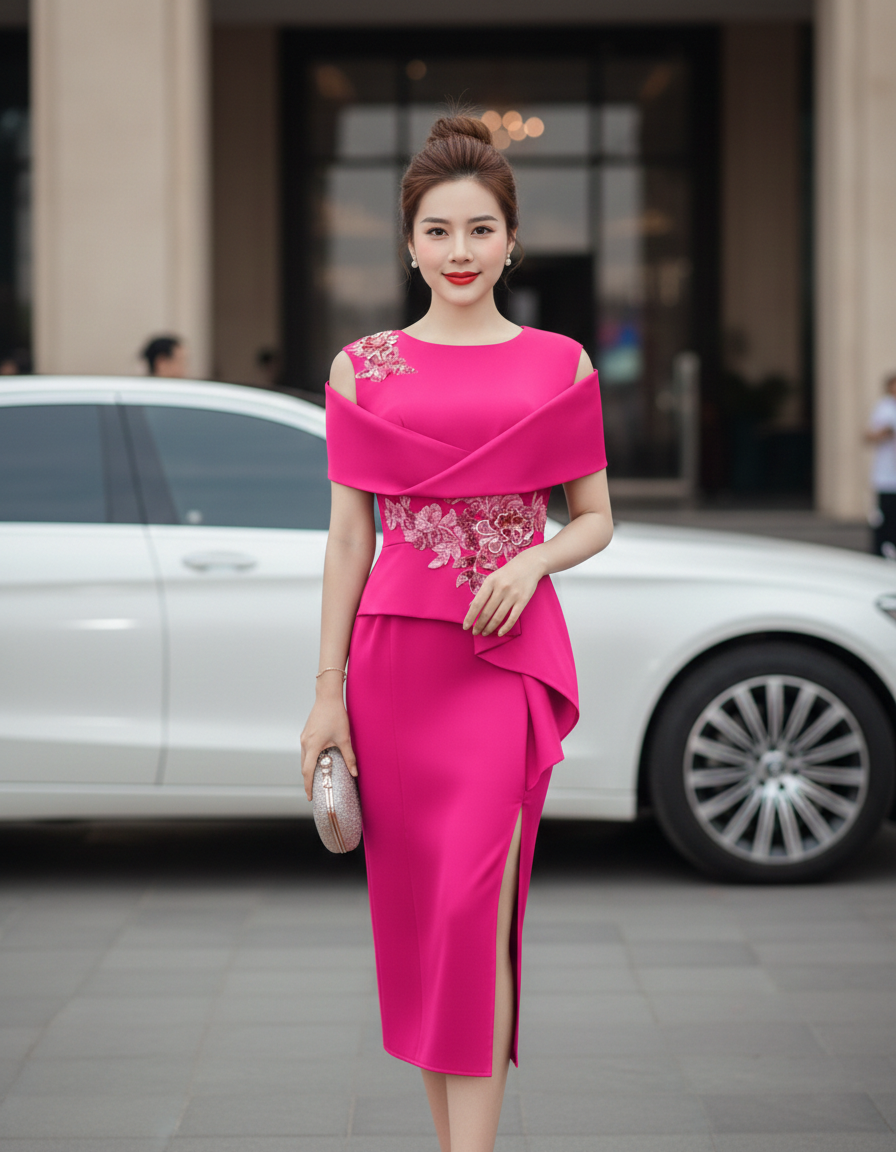 Đầm dự tiệc phối bèo ngực đính hoa 3D xẻ tà_thumbnail_7