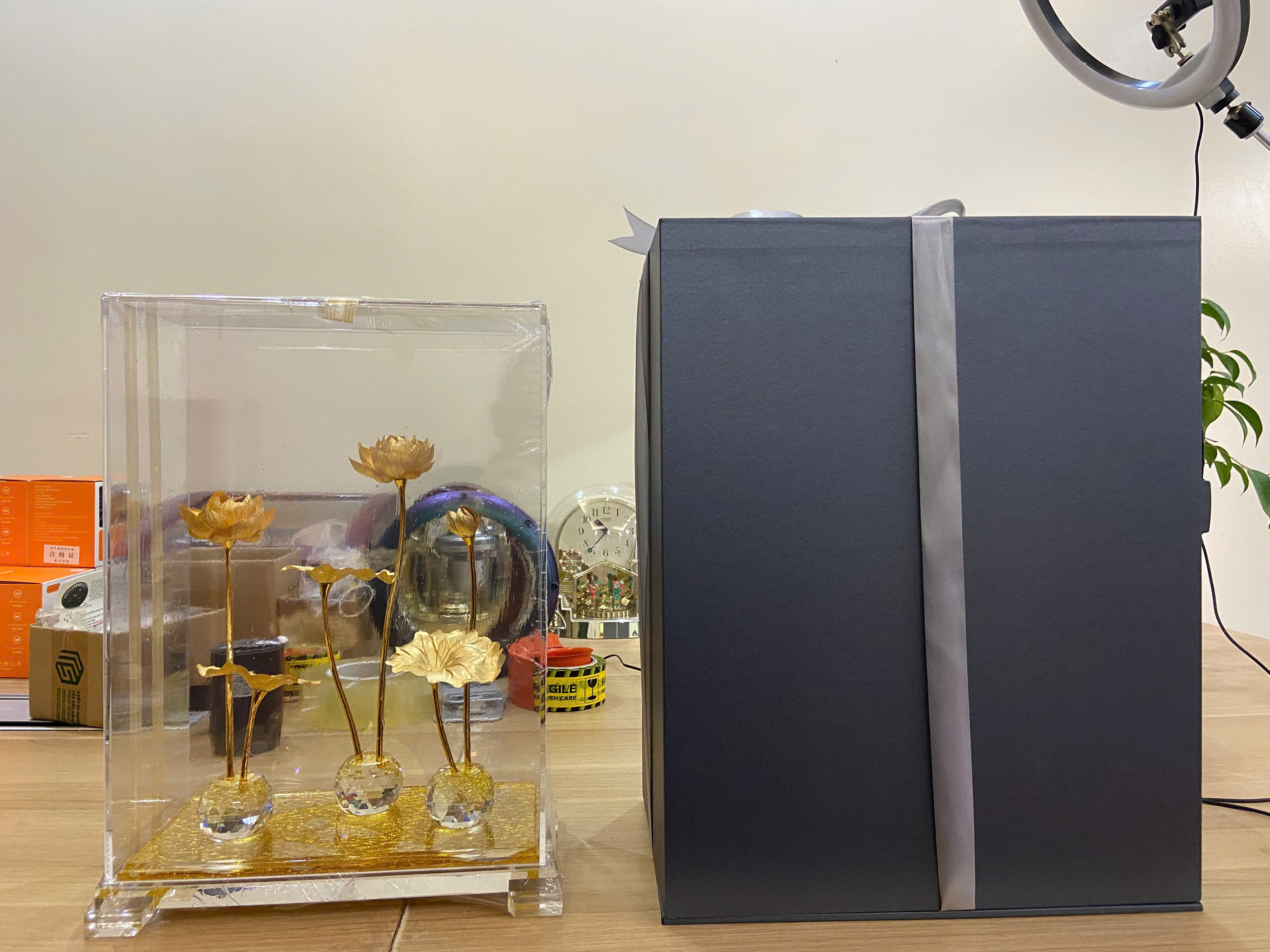 Hộp hồ sen 3 nhánh mạ vàng 24k cao cấp 