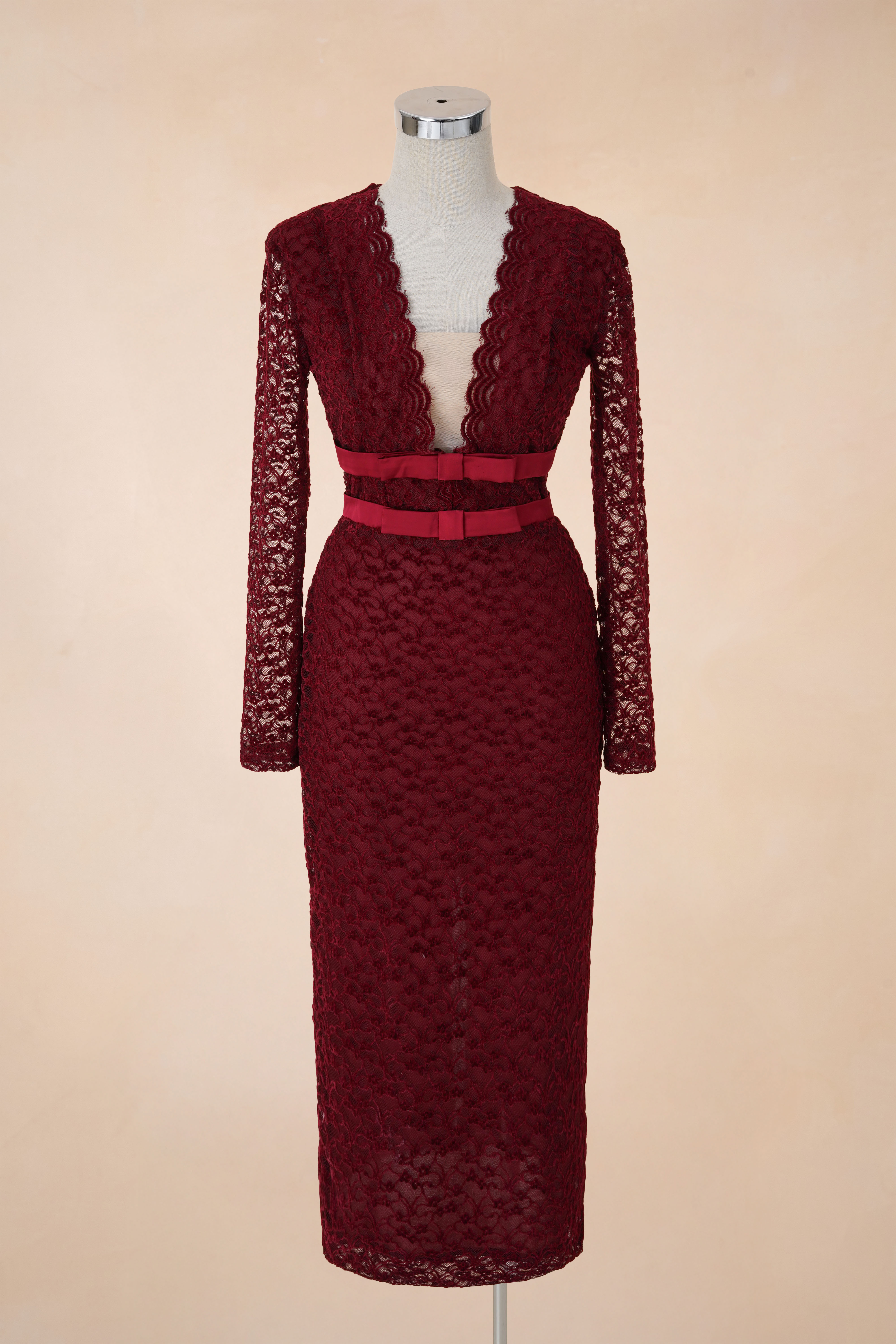 Đầm Bút Chì Cổ V Nơ Eo Lưới Ngực