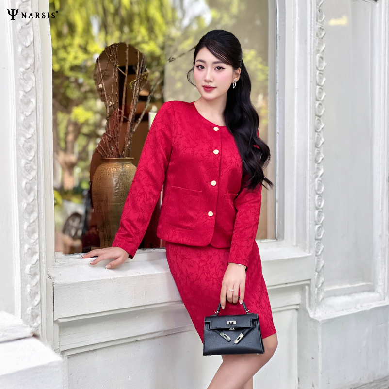 Áo Gấm Xốp Narsis L24035 Màu Đỏ Mận, Tay Dài, Thiết Kế Đệm Vai Nhẹ, Sang Trọng, Thanh Lịch_thumbnail_5