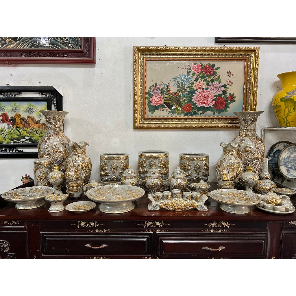 Bộ Đồ Thờ Men Rạn Hoa Sen Vẽ Vàng 24K 9999 Nghệ Nhân Chế Tác Cao Cấp Bát Tràng