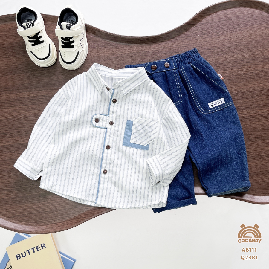 Áo dài sơ mi BE kẻ sọc túi ngực phối XDƯƠNG