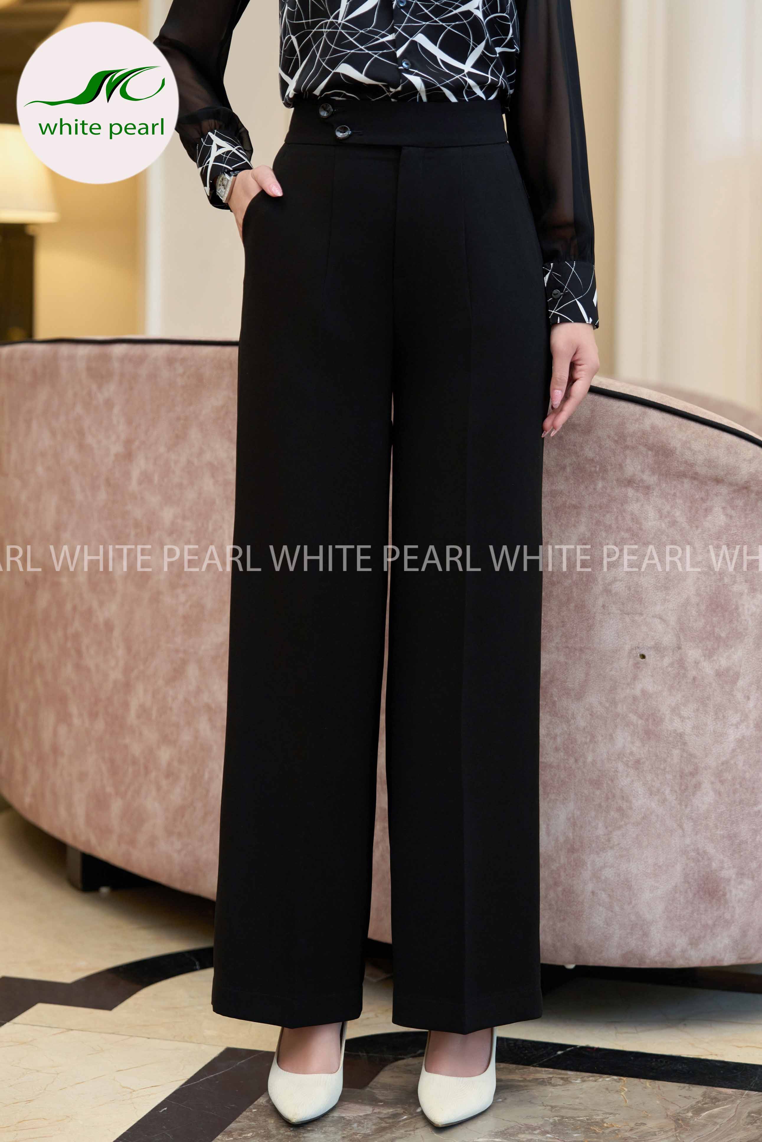 Áo sơ mi cổ đức pha tay kết hợp quần ống suông 1 ly thời trang công sở cao cấp White Pearl_thumbnail_4