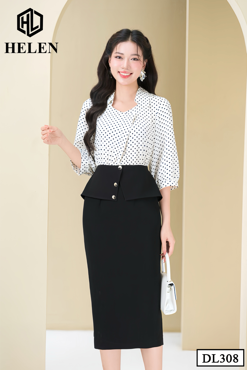 Đầm ôm chấm bi đen phối trắng DL308