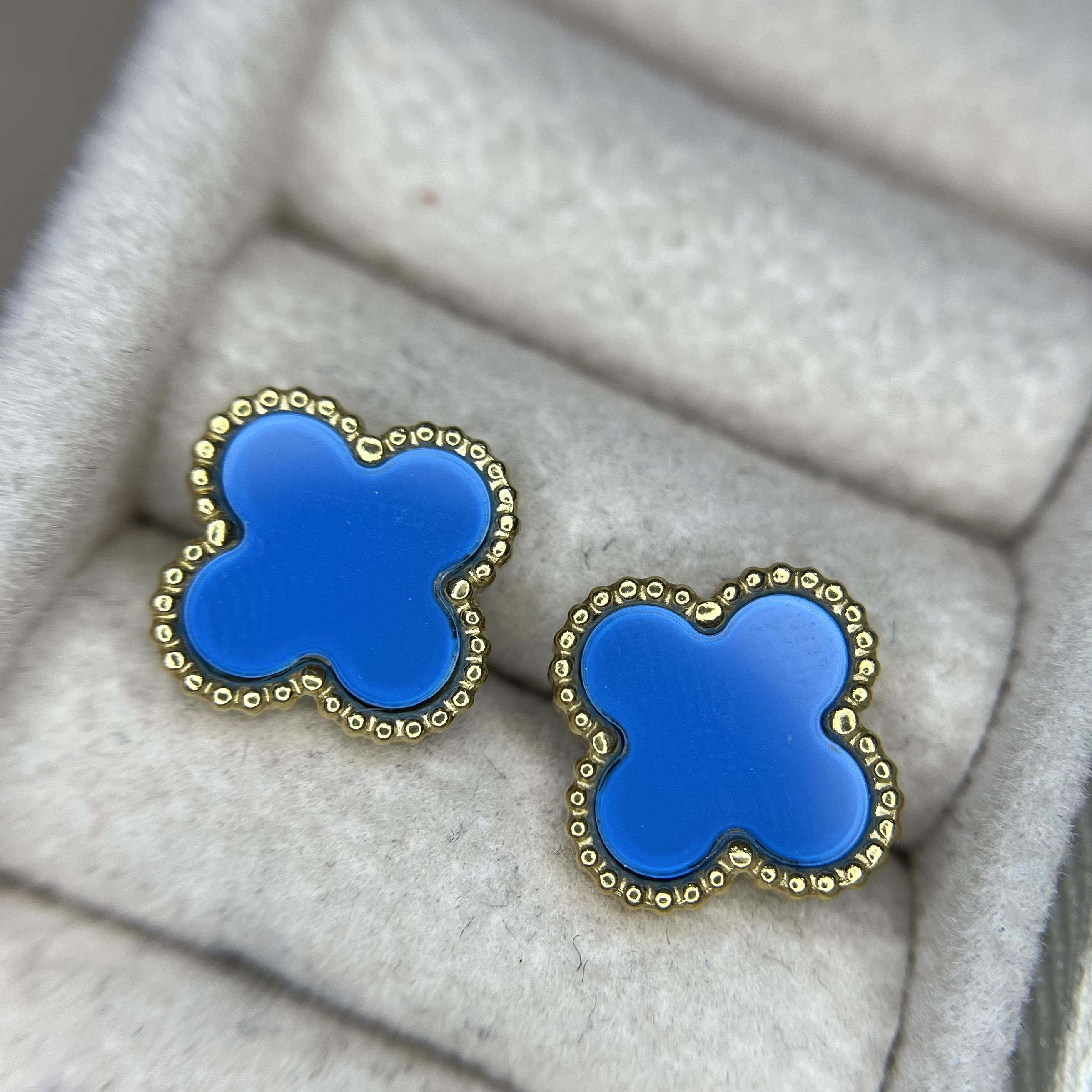 khuyên kiểu cặp cỏ bốn lá màu xanh biển mùa hè viền bi vàng