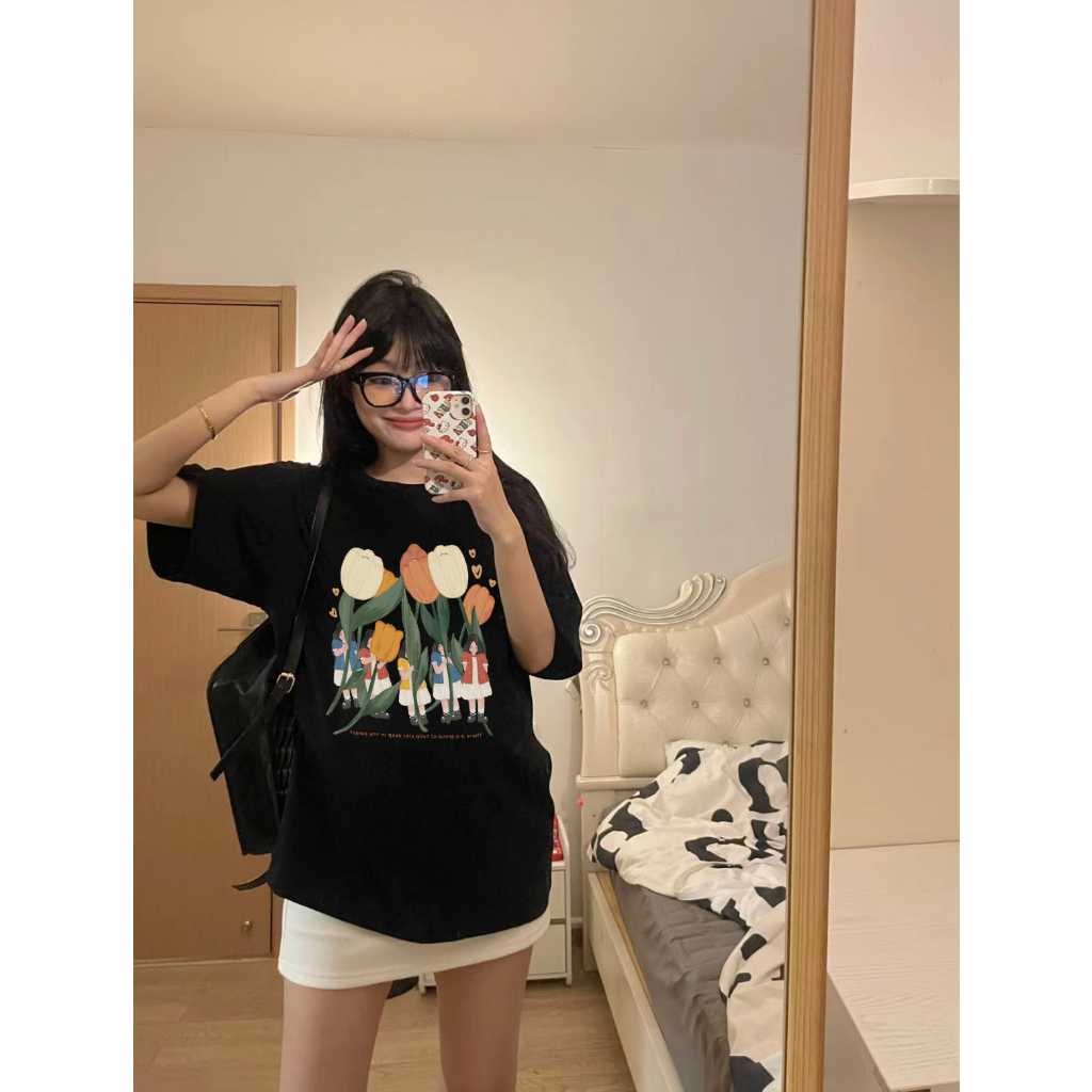 Áo thun nữ hoa tulip form rộng ATD201 Miucho chất vải cotton in Artwork_thumbnail_4
