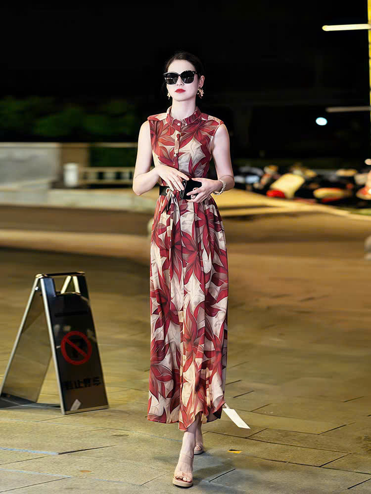 17099-Đầm maxi cổ trụ họa tiết hoa đỏ (kèm đai, voan có lót) 17099_thumbnail_2