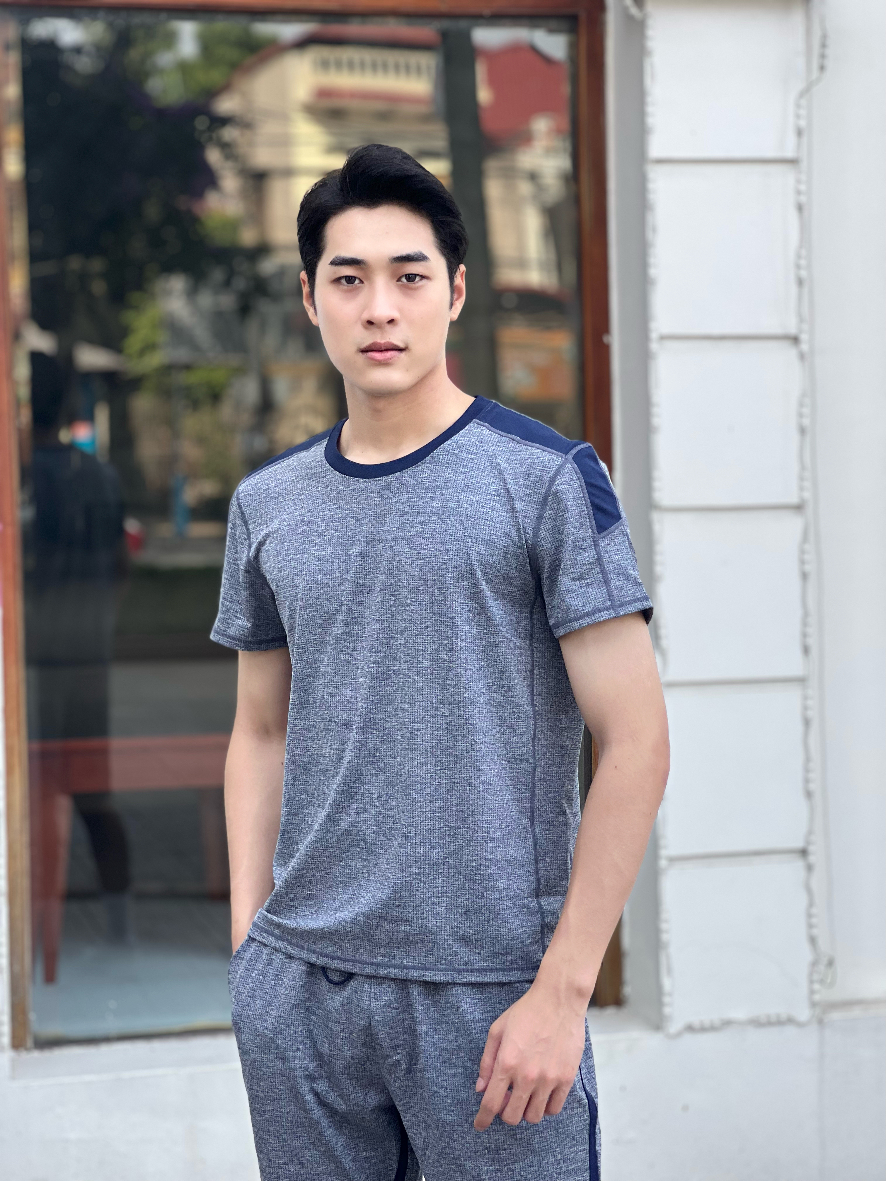 BỘ QUẦN ÁO THỂ THAO NAM POLYESTER LYCRA MÀU GHI ÁNH XANH NARSIS - PRO-ACTIVE KHỎE KHOẮN E23001 NA...