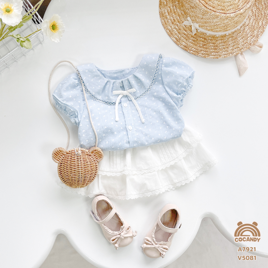 Áo cộc sơ mi XANH trái tim cổ sen tay phồng