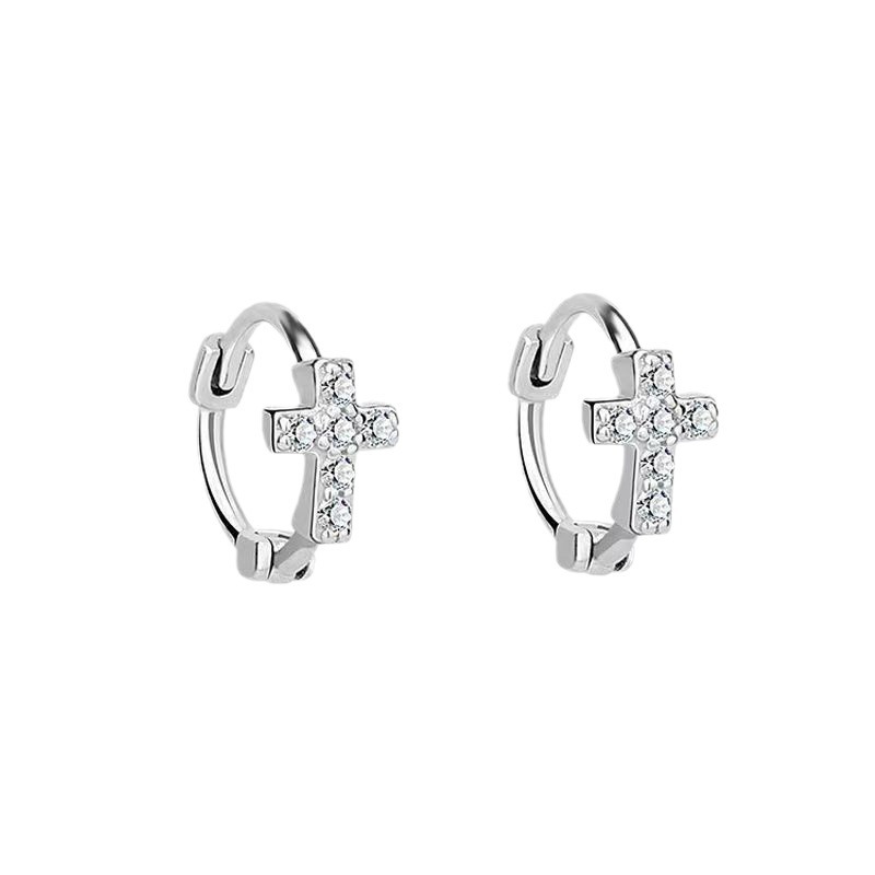 Khuyên tai Thánh Giá bạc unisex tròn nạm đá Zircon có chốt bấm/ trang sức Công Giáo KB02_thumbnail_3