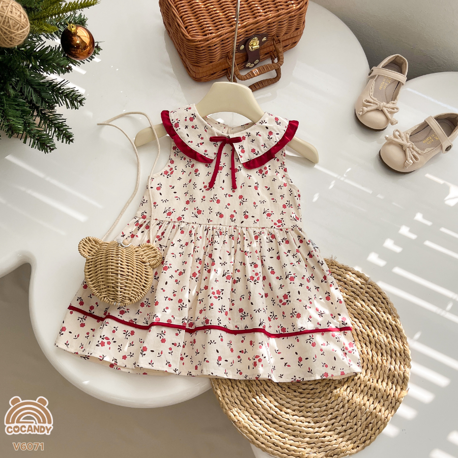 Váy cộc BE hoa nhí đỏ phối nơ