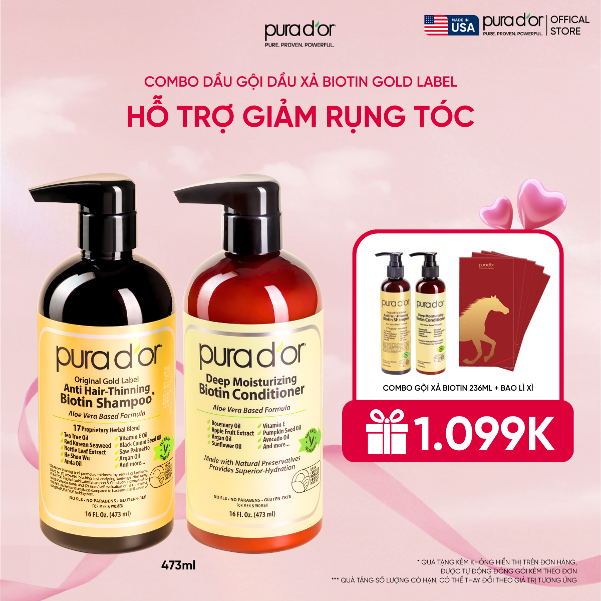 Combo Gội - Xả Biotin Pura D'or Original Gold Label & Deep Moisturizing Chăm Sóc Da Đầu, Dưỡng Ẩm Chuyên Sâu 473ml