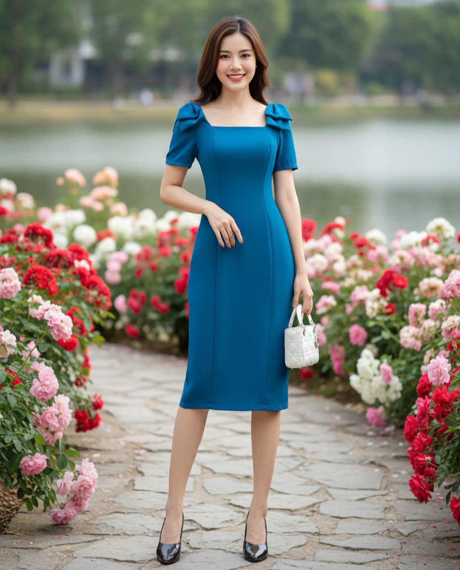 Đầm body cổ U phối nơ vai thanh lịch