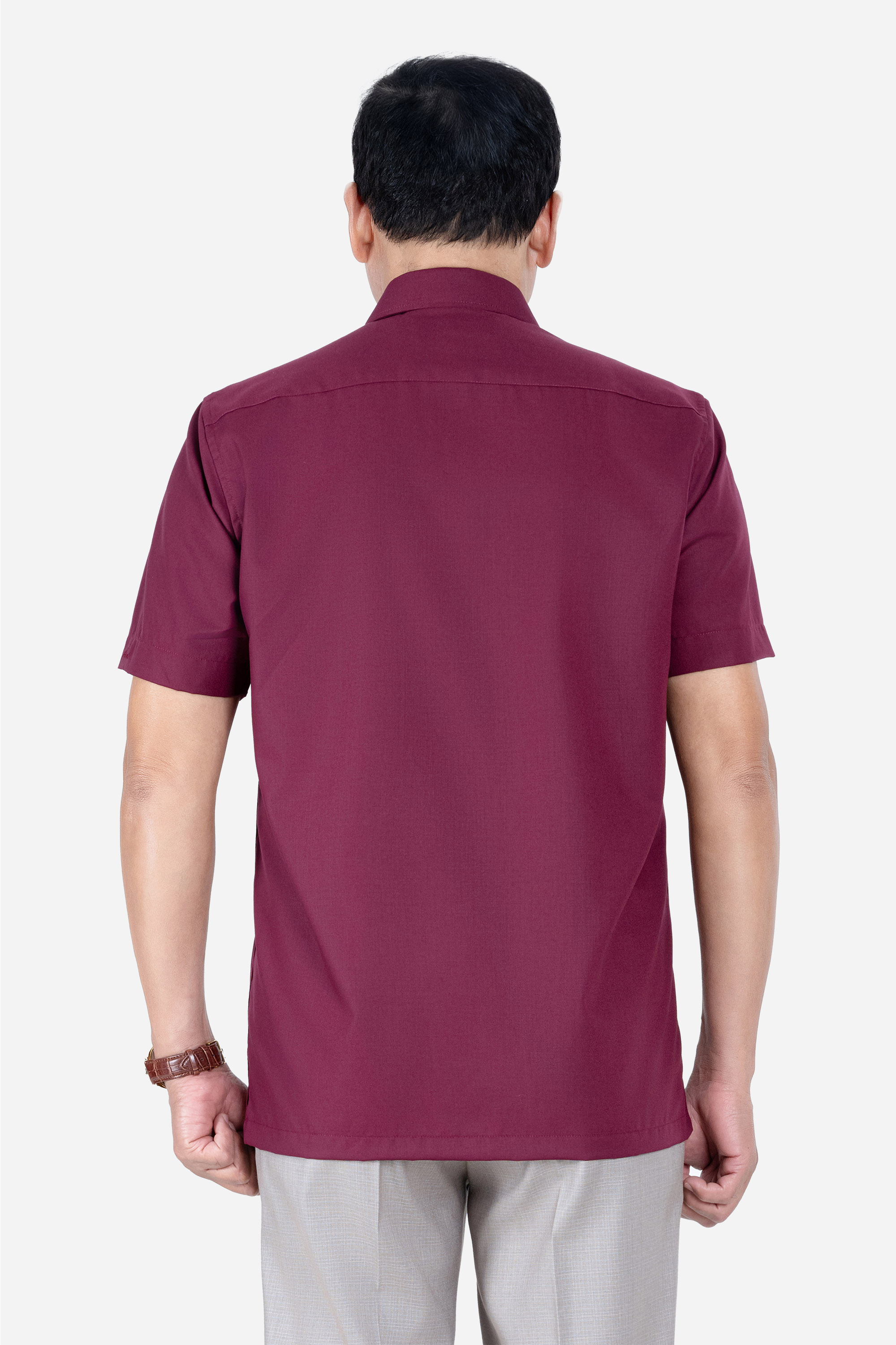 Sơ Mi Trơn Cộc Tay Nam Trung Niên Chất Liệu Cotton Nhập Khẩu Màu Đỏ Đô_thumbnail_2