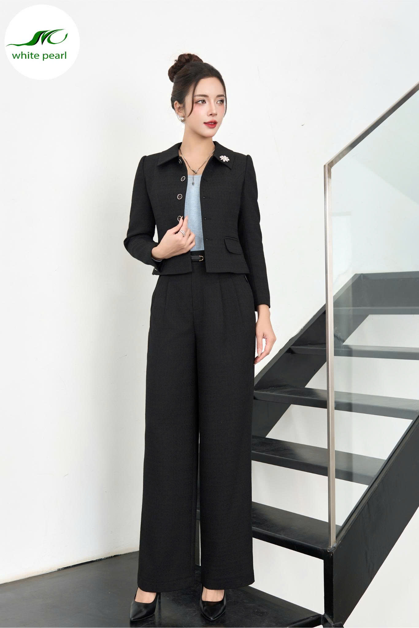 Quần suông dạ 2ly / Áo vest dạ cổ sen vuông Thời Trang Nữ White Pearl 