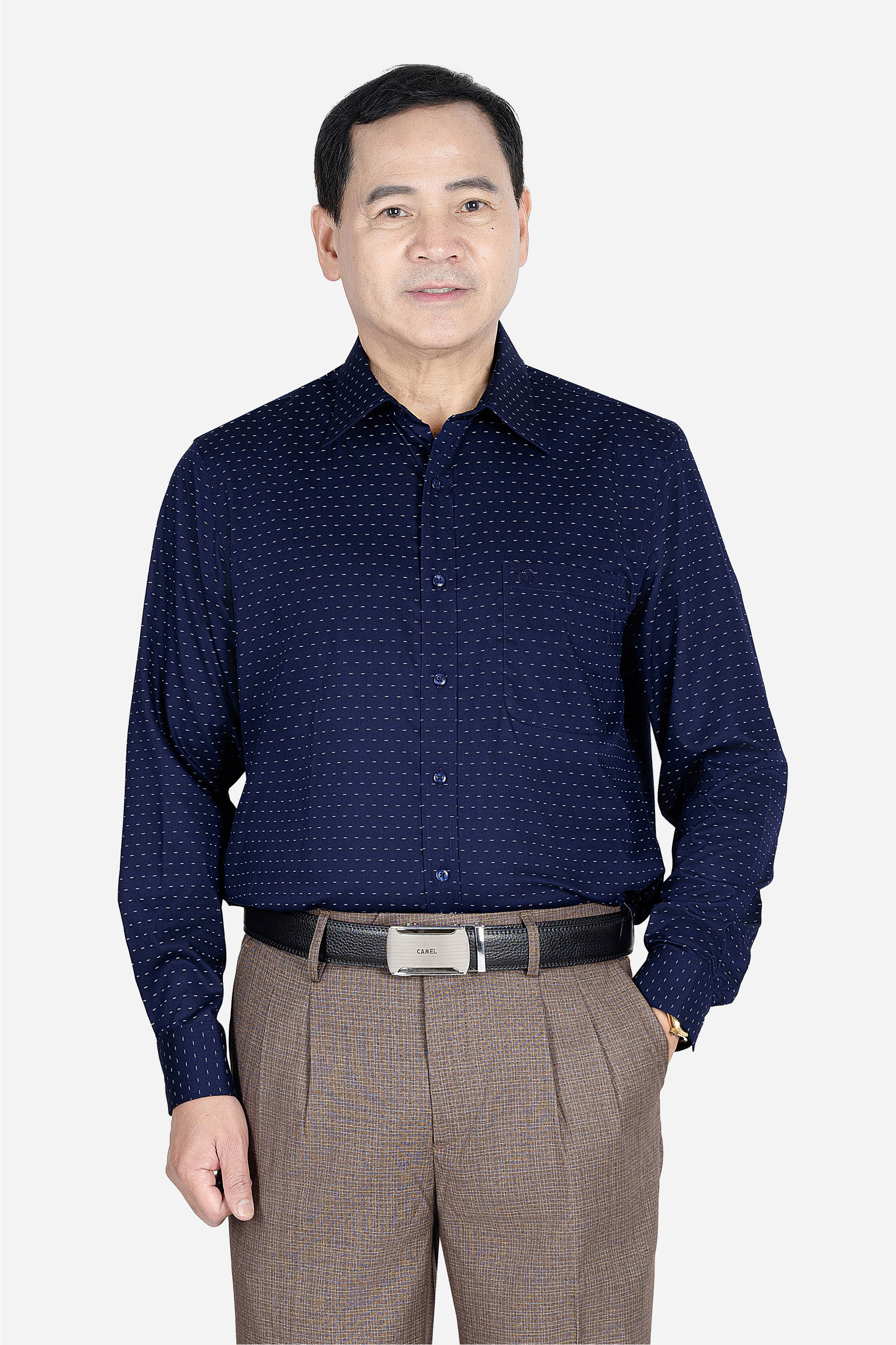 Sơ Mi Dài Tay Họa Tiết Nam Trung Niên ANCHI Chất Liệu Sợi Sồi Cao Cấp Màu Xanh Than