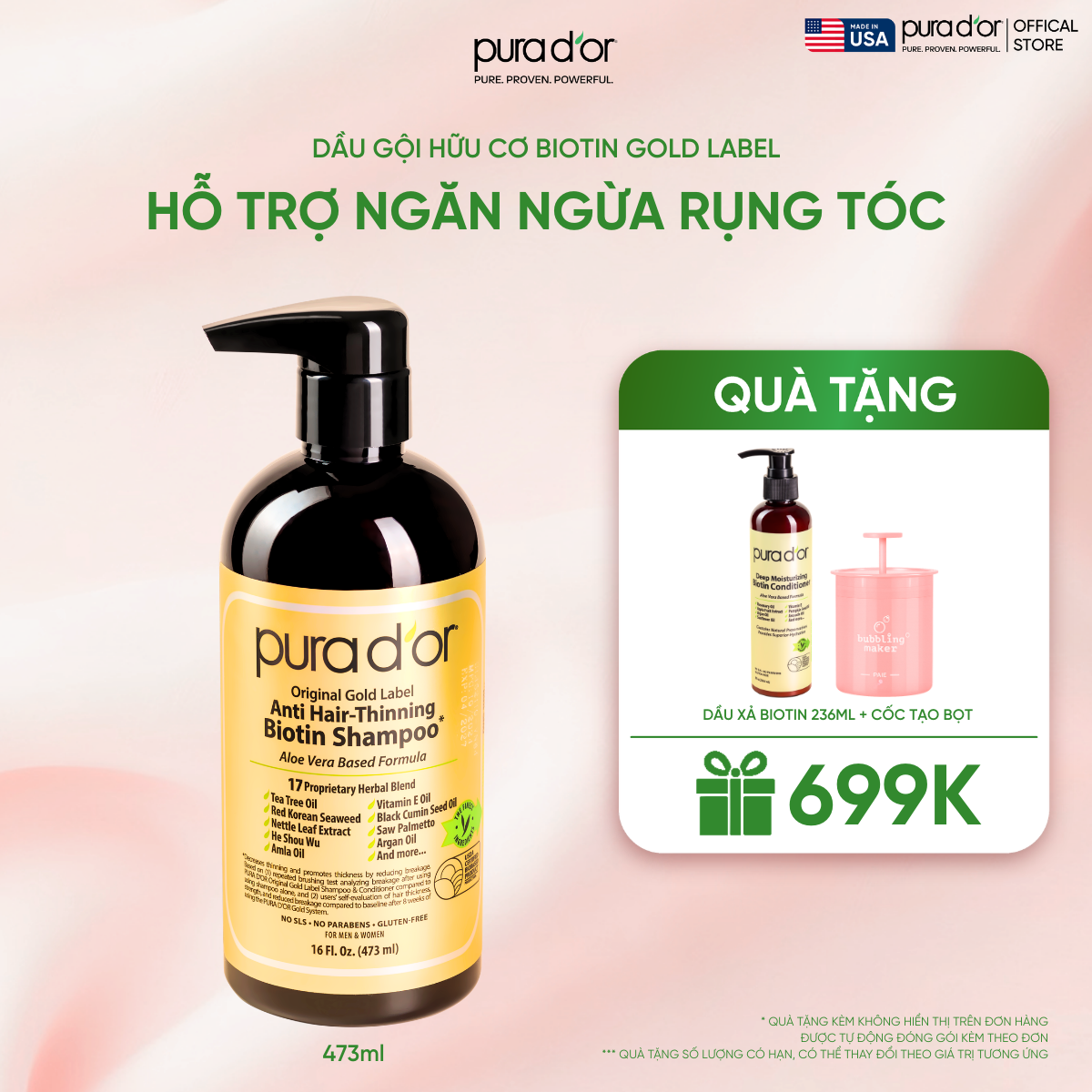 Dầu Gội Biotin Pura D'or Original Gold Label Chăm Sóc Da Đầu, Giảm Rụng Tóc, Hỗ Trợ Mọc Tóc 473ml