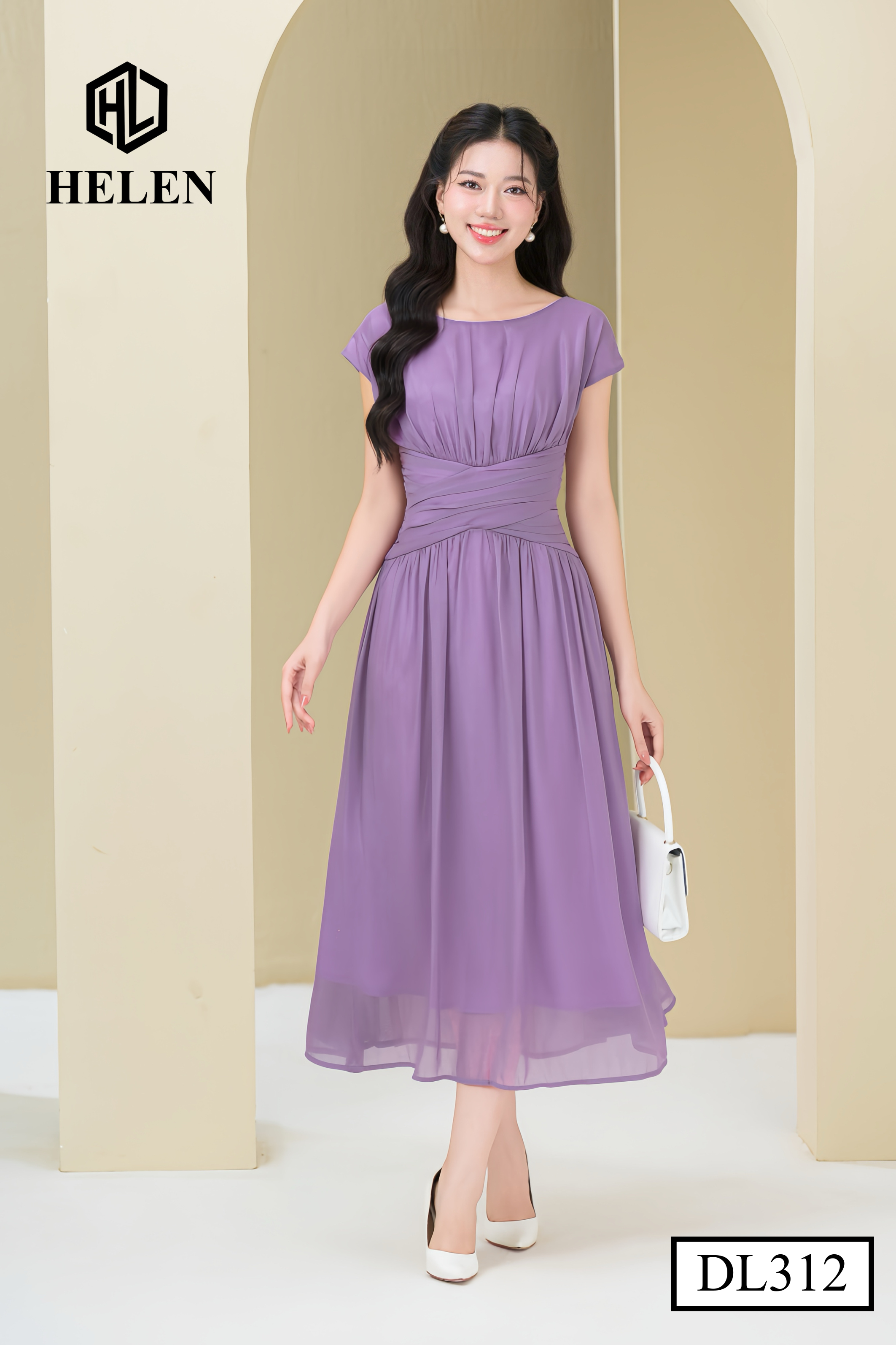 Đầm xòe tơ tím xếp eo vai chờm DL312_thumbnail_2