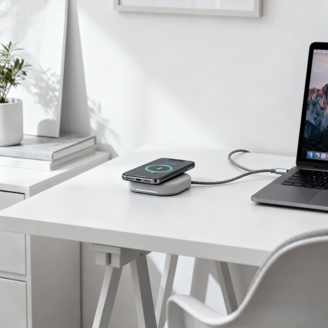 dreamina-2026-02-03-9250-Tidy home workspace, phone charging on a...