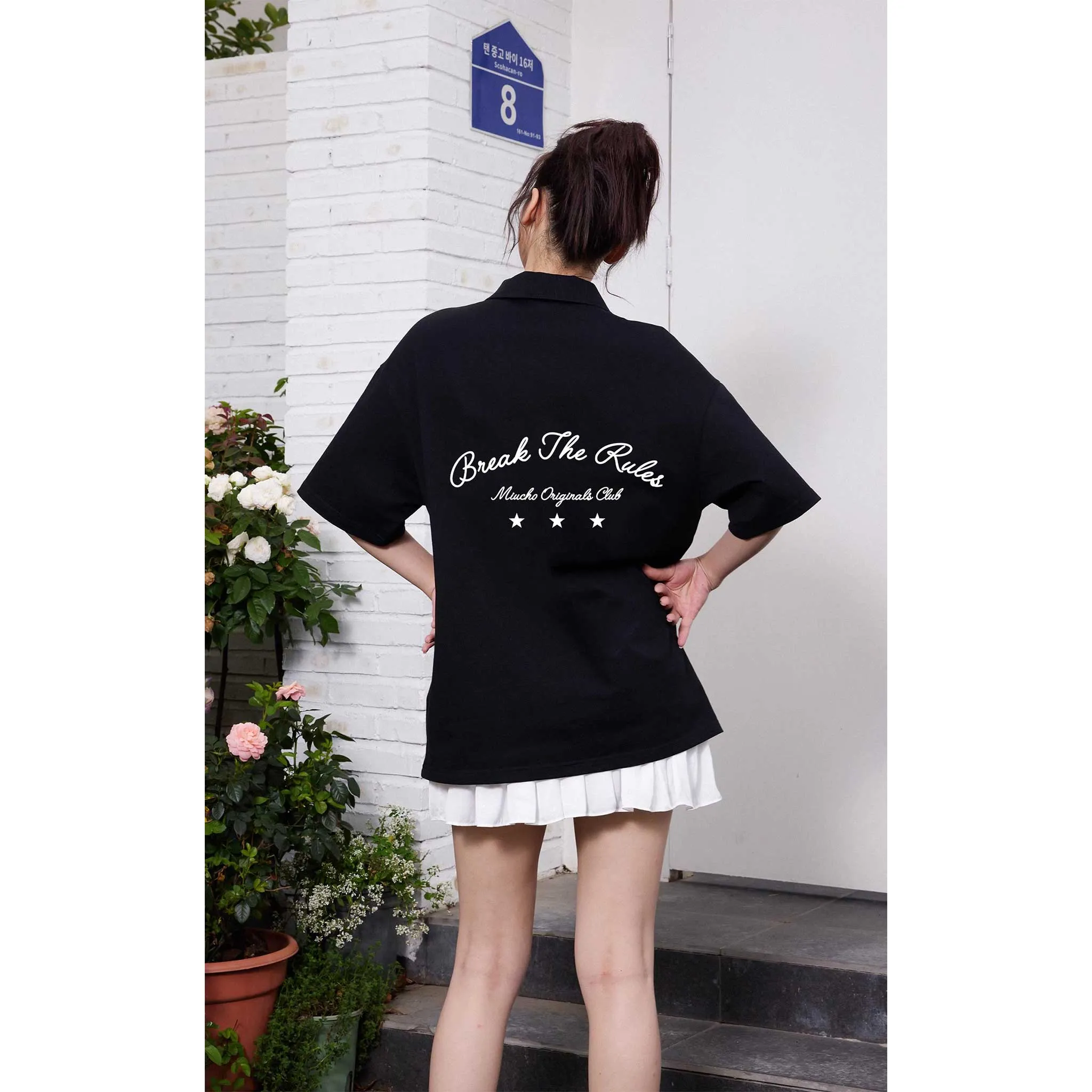 Áo polo form rộng basic 2482 Miucho vải cotton co giãn thoáng mát cổ trụn in typography_thumbnail_5