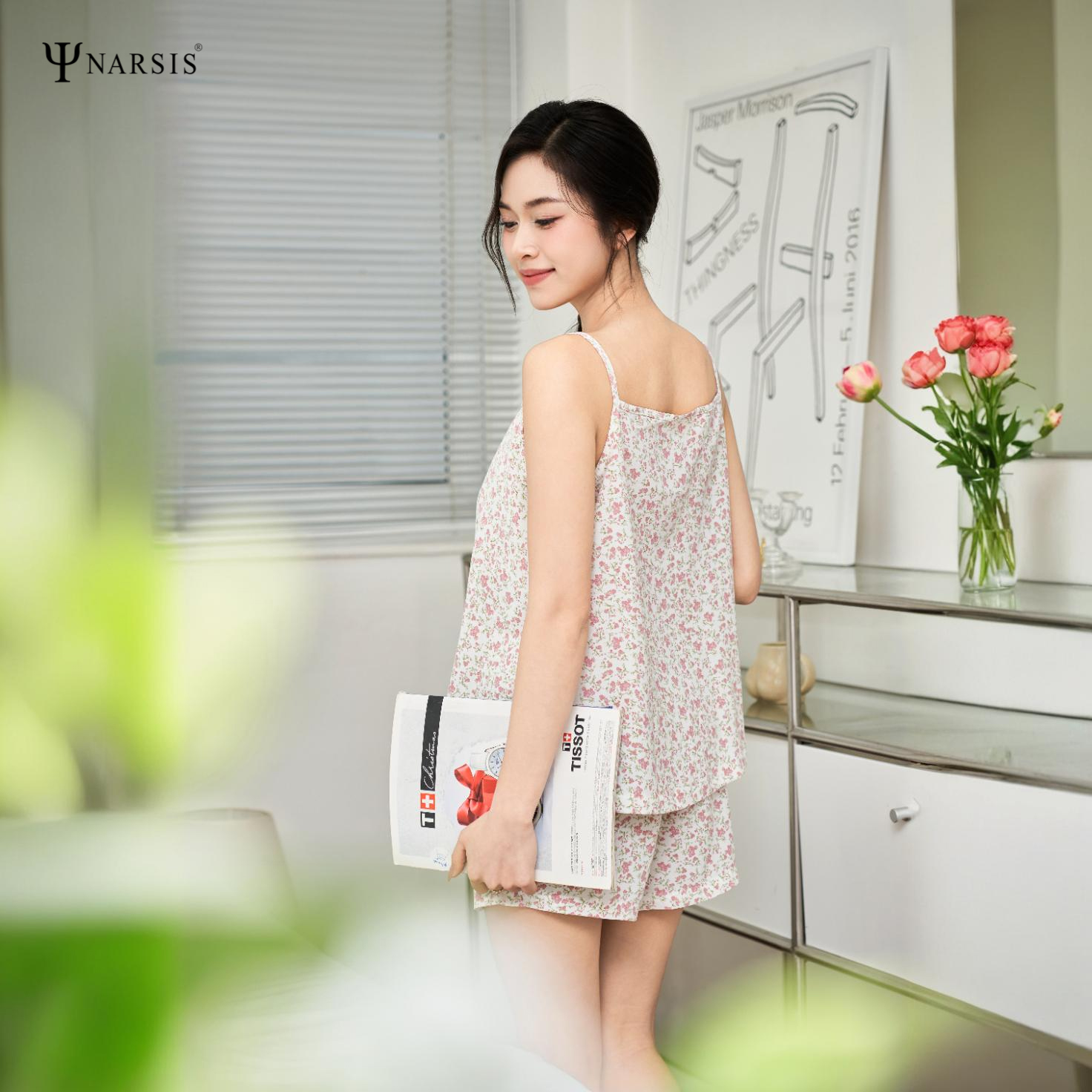 Set Ngủ Nữ Hai Dây Narsis M25019, Áo 2 Dây, Quần Đùi, Thoáng Mát, Có Mút Ngực, Chất Lanh_thumbnail_5