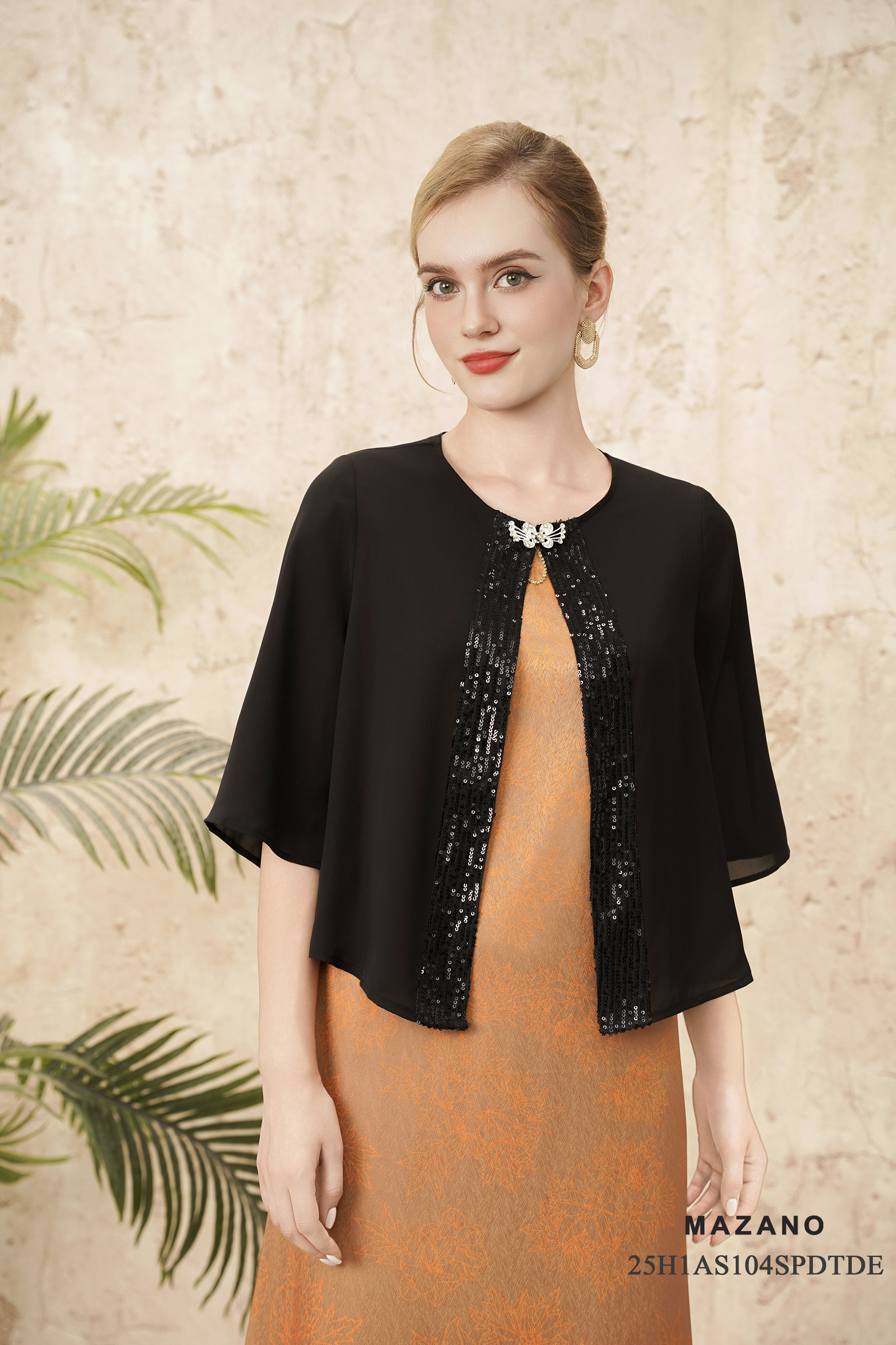 Áo Cadigan suông Vải voan mỏng phối kim sa Cổ tròn Tay lỡ Dài áo qua eo