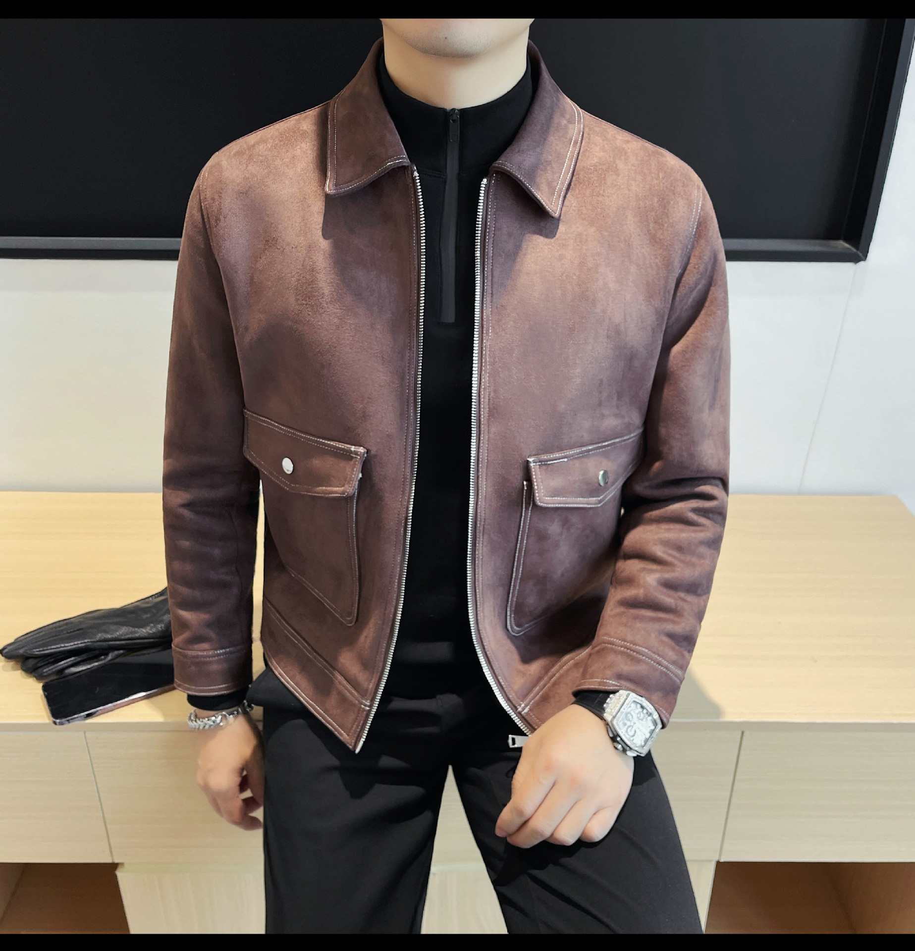 PA14 – Áo jacket nam thu đông dây kéo đồng màu, cổ bẻ, túi lớn, lót lông_thumbnail_5