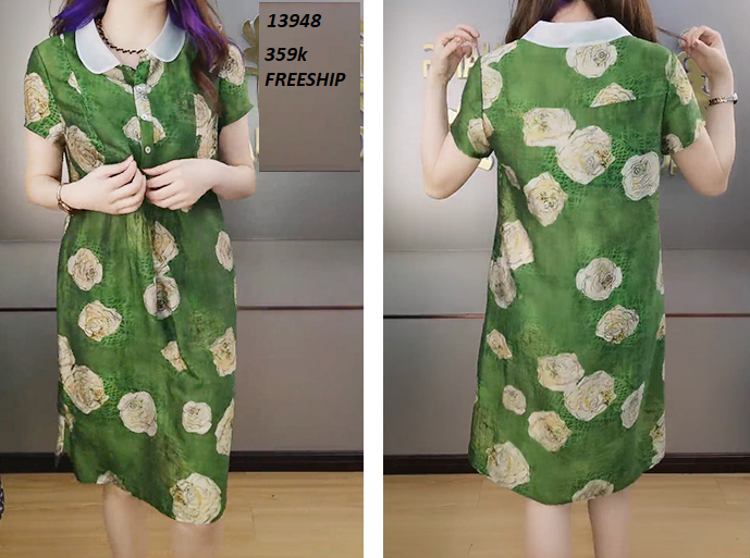 13948-Đầm suông cổ  sen kết nút in hoa hồng (lụa satin)FREESHIP_thumbnail_0