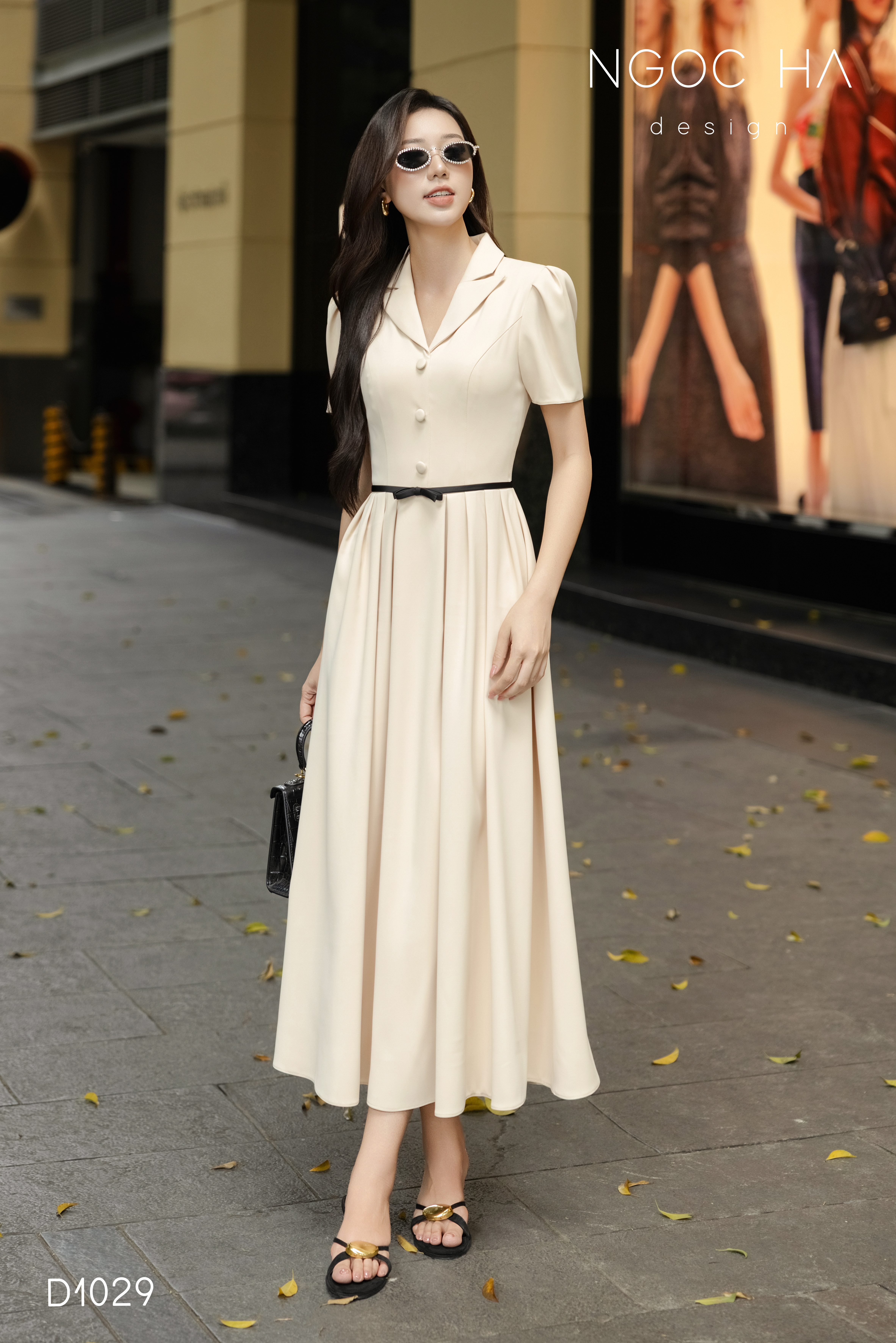 Ivory Dress_ Đầm Cổ Vest Xòe Màu Bee Nơ Đen D1029_thumbnail_3