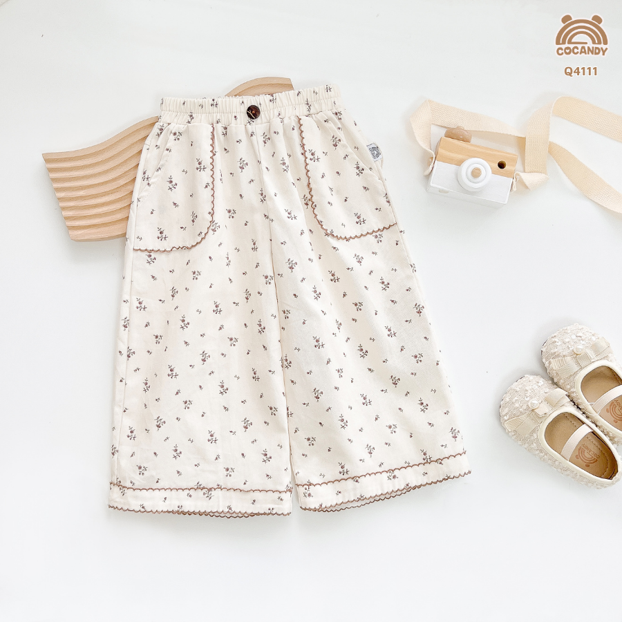 Quần dài suông BE hoa nhí nâu chỉ sóng