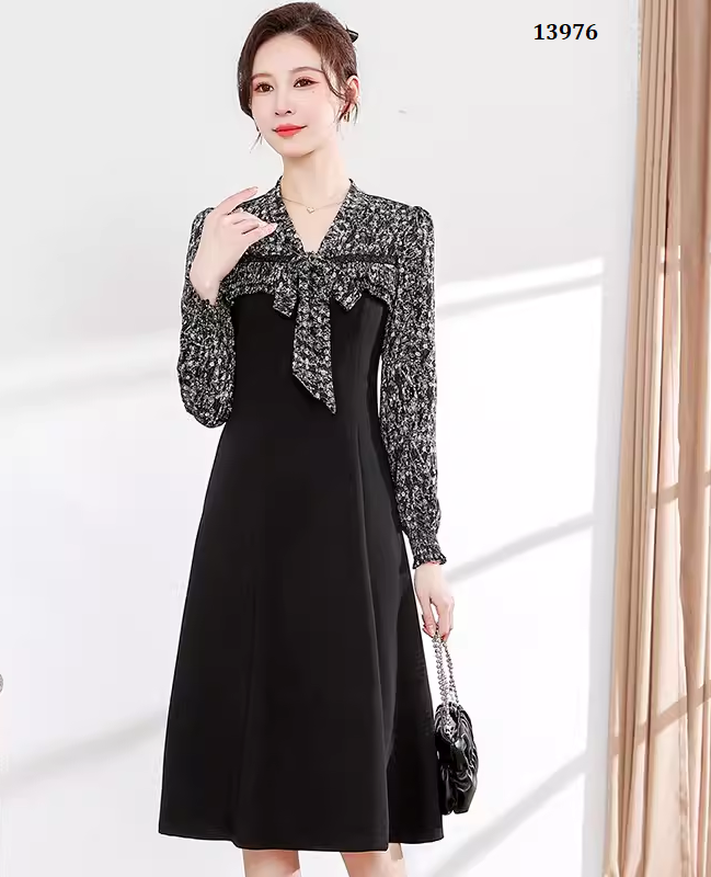 13976-Đầm suông phối  tay voan hoa nhí cổ  thắt nơ ( thun mịn, voan hoa)FREESHIP_thumbnail_0