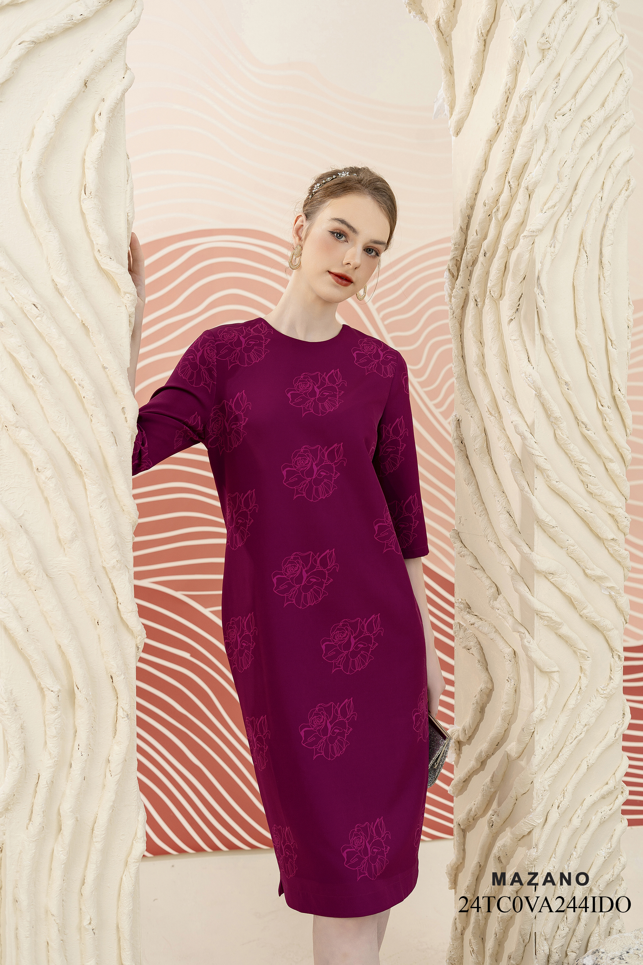 Váy Đầm suông Vải Thô  in hoa bố cục Cổ tròn Dài tới bắp chân VA244IDO_thumbnail_2