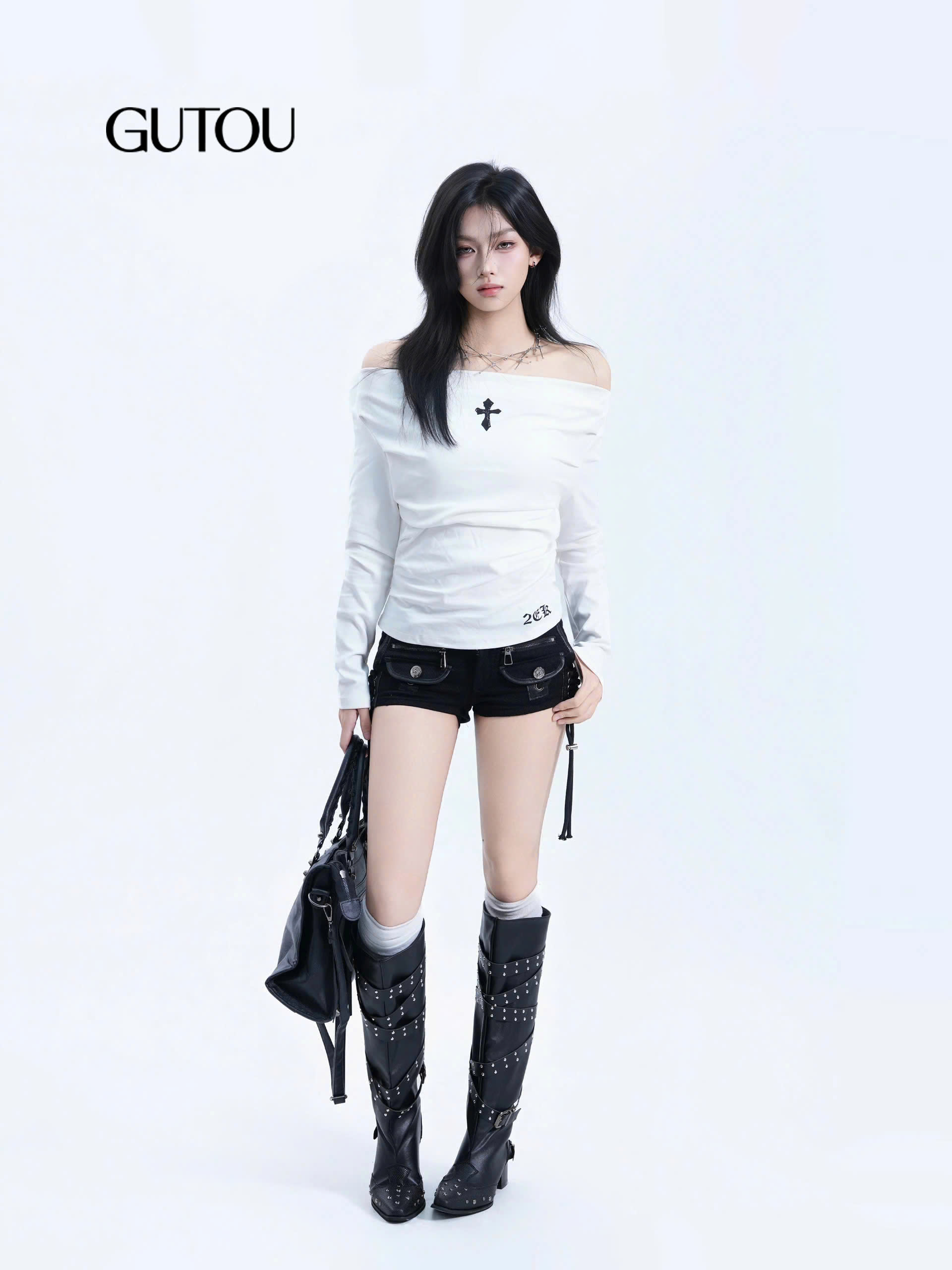 [ GUTOU ] Áo Trễ Vai Tay Dài In Thập Street Chic