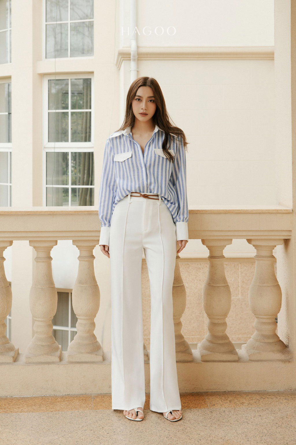 Áo kẻ sọc Linen phối trắng HAGOO