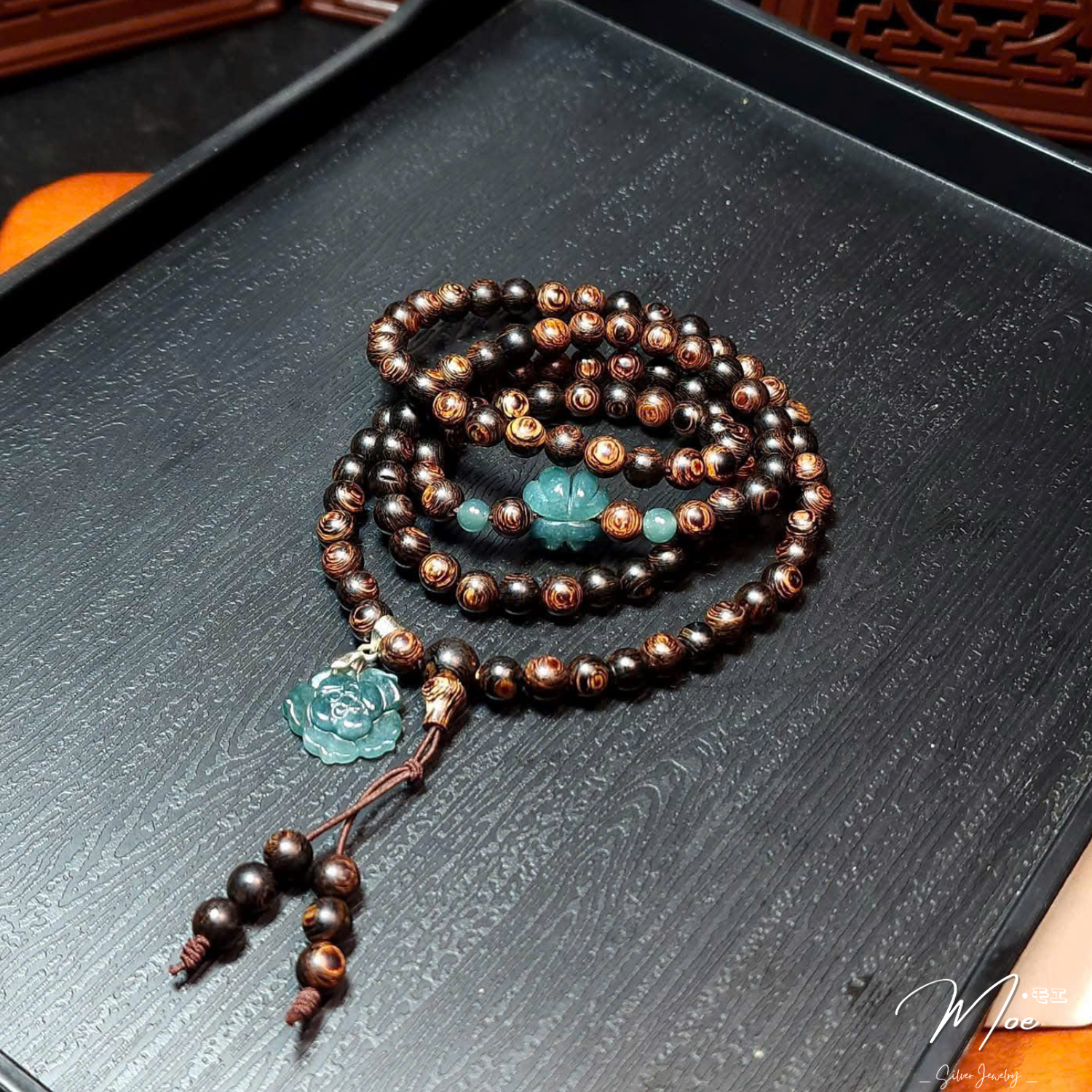 PT213 - Chuỗi vòng trầm sánh mix cỏ 4 lá & hoa sen lam ngọc_thumbnail_2