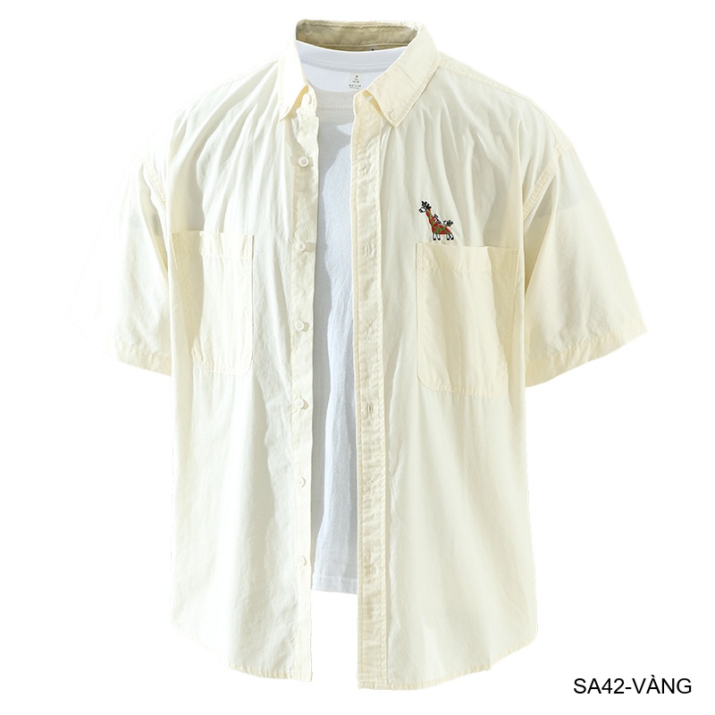 SA42 - Áo sơ mi nam ngắn tay phong cách Nhật, thêu hình hươu cao cổ, chất cotton thoáng mát_thumbnail_8
