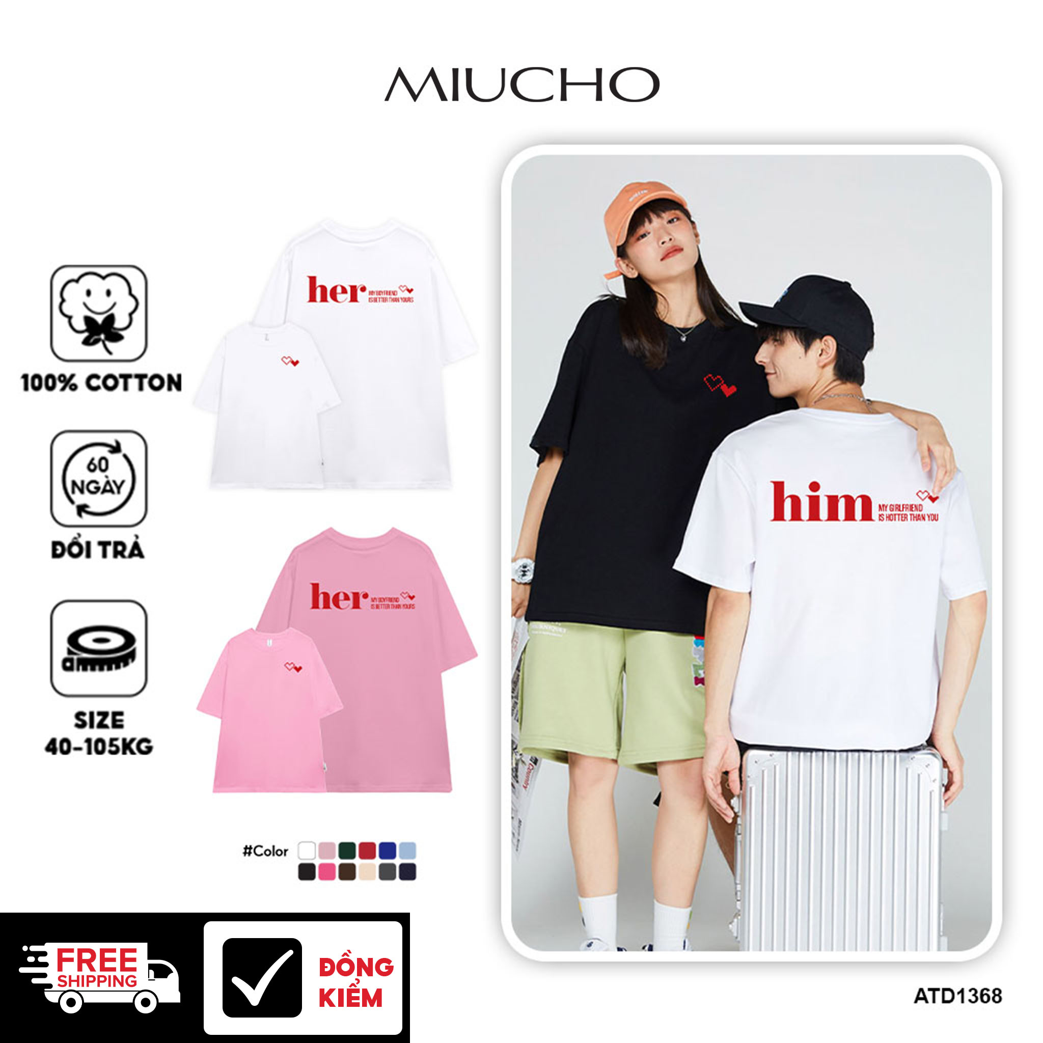 Áo thun cặp đôi couple đáng yêu from rộng ATD1368 Miucho vải cotton cổ tròn in Typography