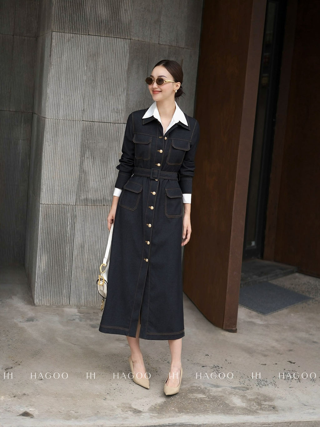 Váy Denim túi ốp diễu chỉ trang trí HAGOO_thumbnail_6