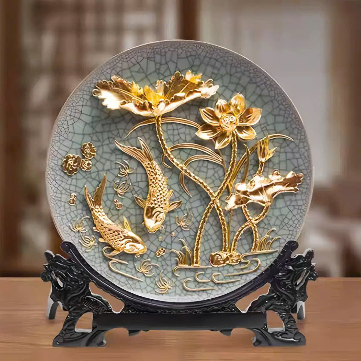 Đĩa cá chép hoa sen mạ vàng 24k DK 20CM 