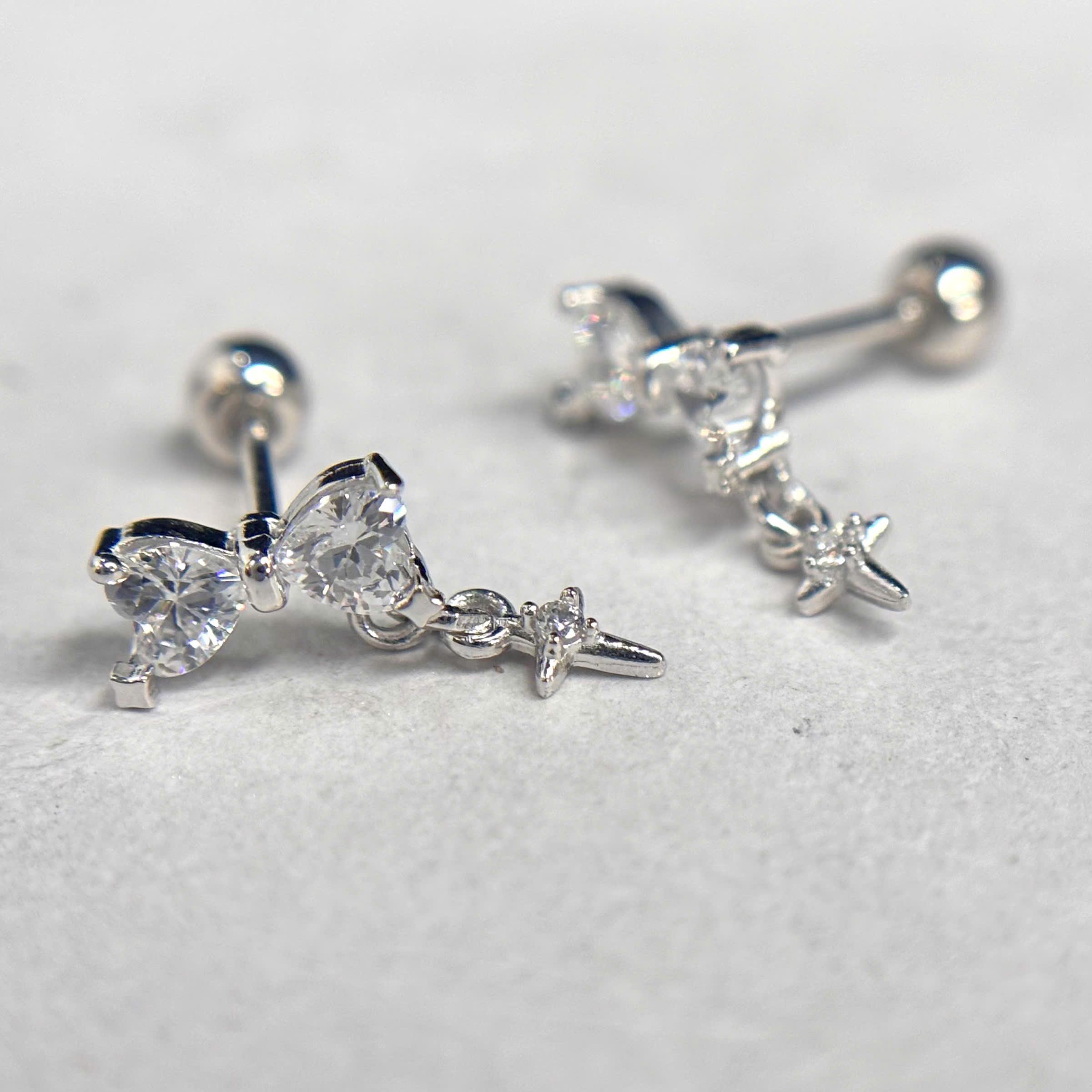 Khuyên kiểu bạc si kim nơ trắng rơi