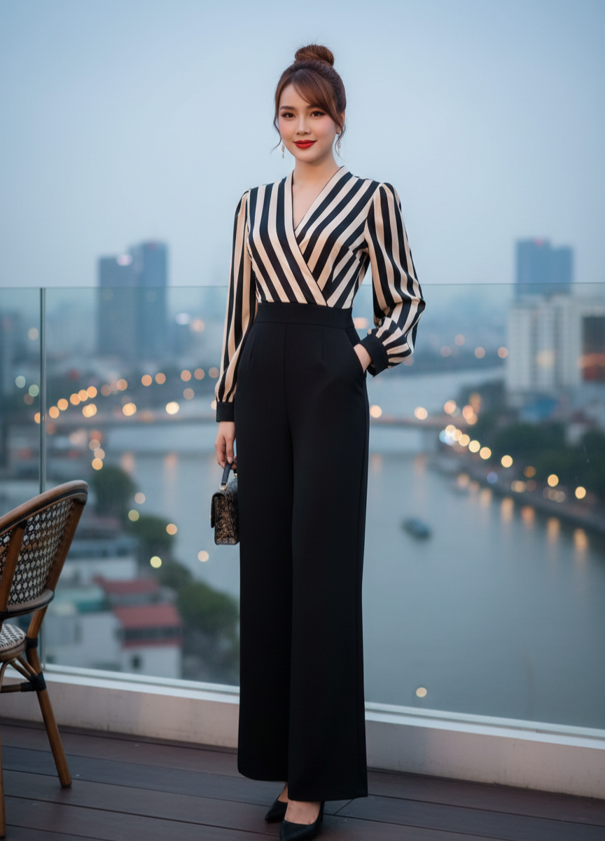 Jumpsuit tay dài thiết kế cổ V Phong cách thanh lịch_thumbnail_3