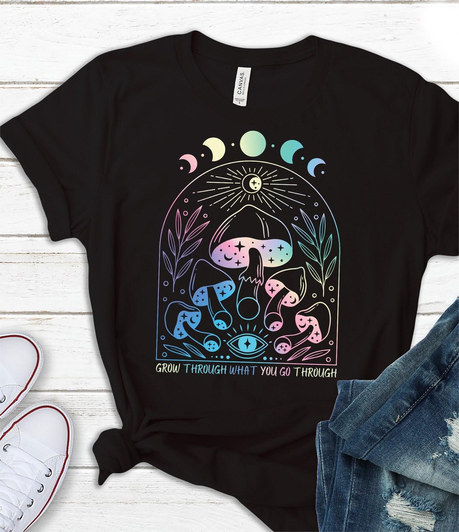 Moon Phases Mushroom Shirt - Witchy Cottagecore Tee Botanical Celestial Hoodie Anxiety Gift Mycology