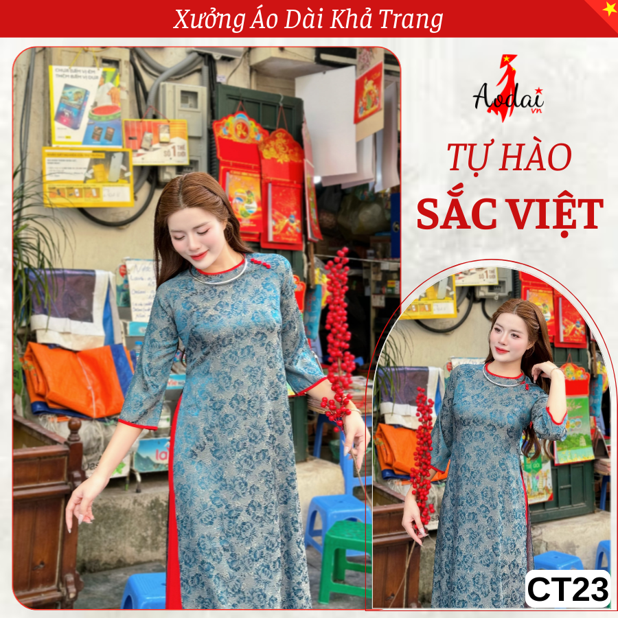 CT23 Áo Dài Cách Tân Gấm Dáng Suông Hoa Sen Đá Cổ Tròn Tay Lỡ_thumbnail_3