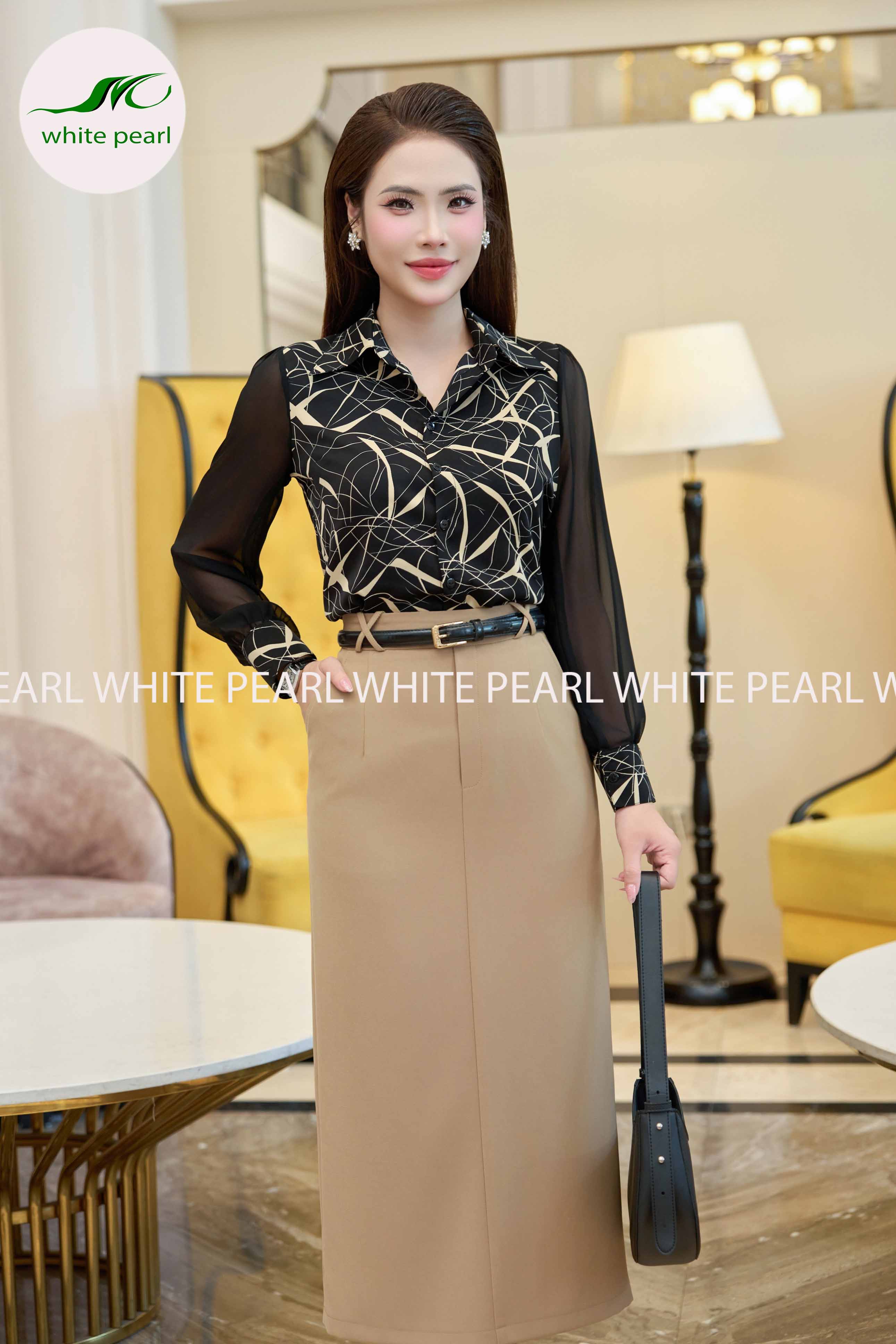 SET áo sơ mi cổ đức pha tay kết hợp chân váy ôm suông đỉ X Thời trang công sở cao cấp White Pearl _thumbnail_2
